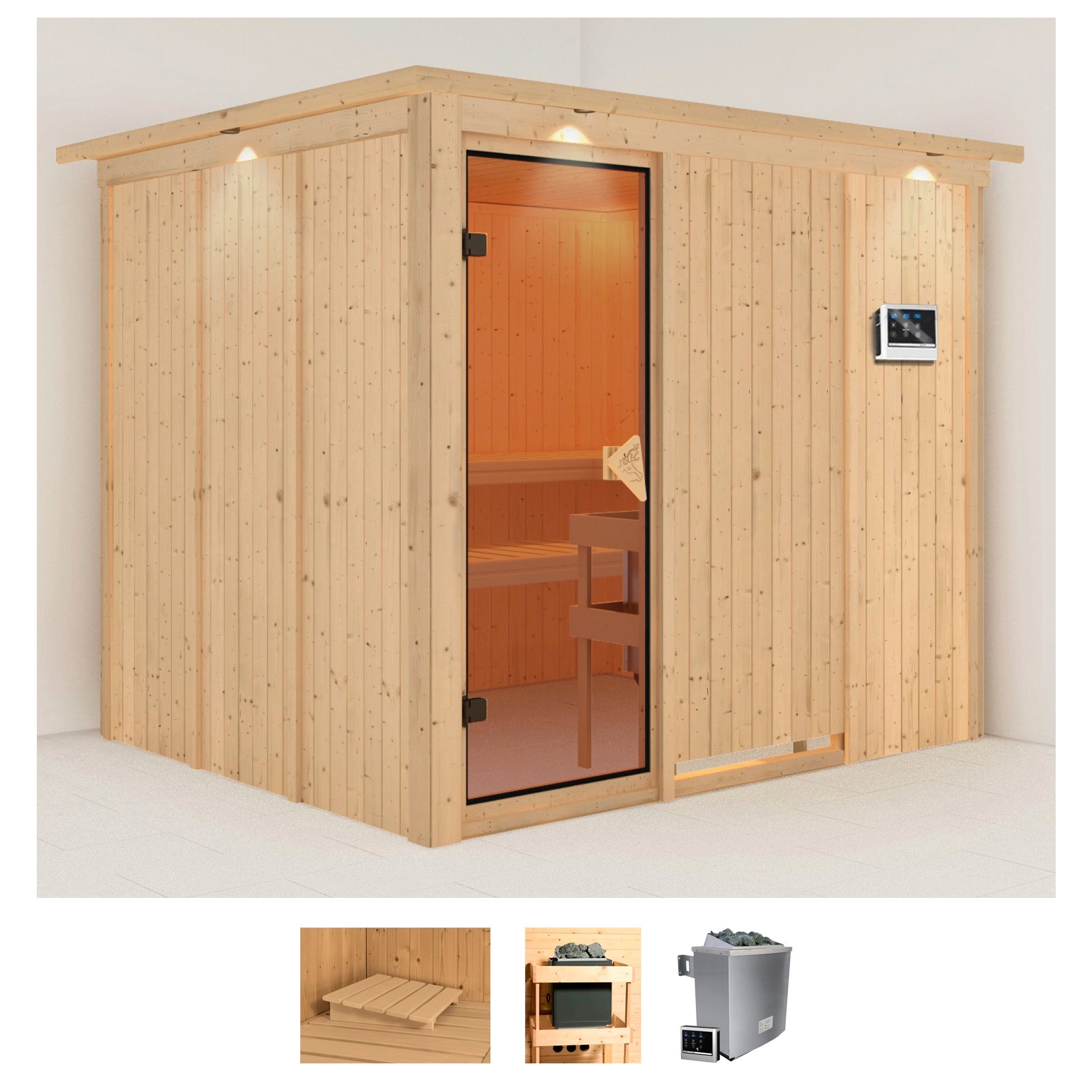Sauna KARIBU "Gitte", beige (naturbelassen), Saunaofen, externe Steuerung, 9 kW, Saunen, 9-kW-Ofen mit externer Steuerung Image