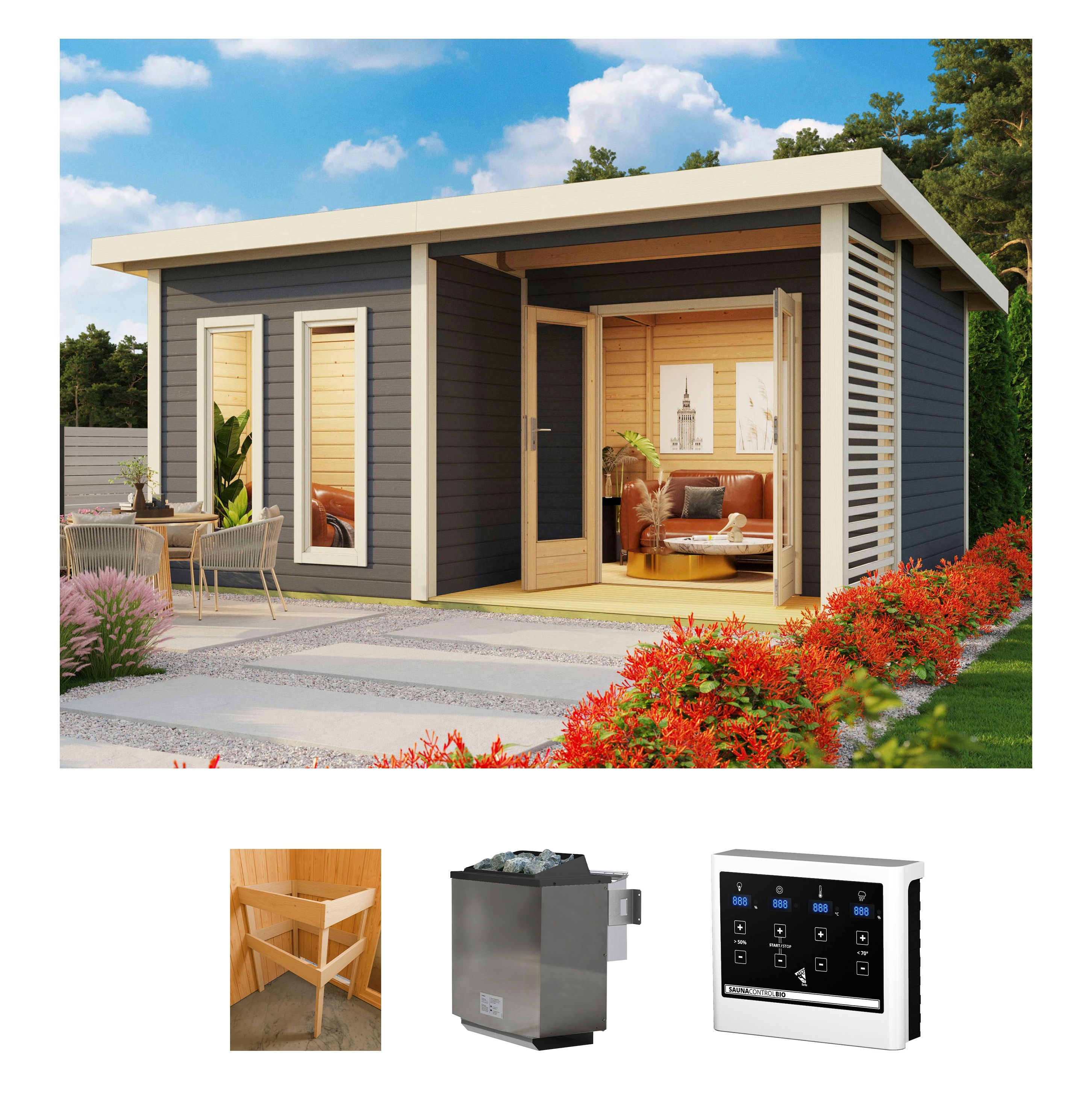 Saunahaus KONIFERA "Maiko 5 SET B", grau (terragrau), Bio-Ofen, externe Steuerung, 9 kW, Saunen, terragrau, mit Ofen 9 kW Bio ext. Steuerung Image