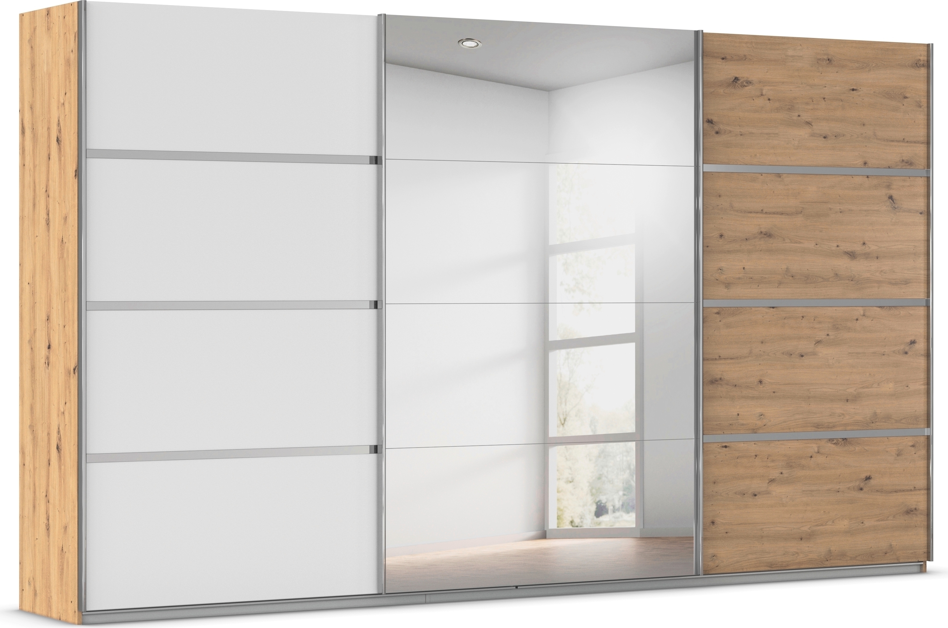 Kleiderschrank RAUCH "Schwebetürenschrank OTTO´s Choice Garderobe Schrank TOP ANGEBOT Avola", eiche artisan, alpinweiß, leisten chrom, B:360cm H:229cm T:62cm, Holzwerkstoff, Schränke, mit eleganten Zierleisten in Chrom, Schwarz oder Weiß MADE IN... Image