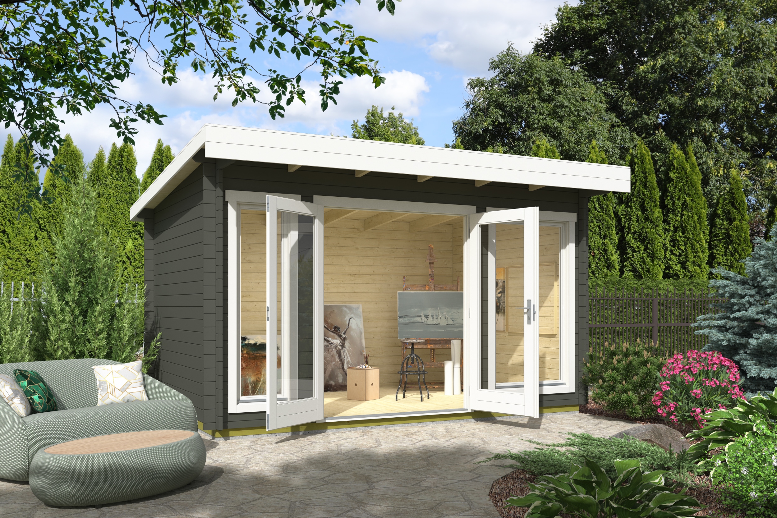 Gartenhaus NORDIC HOLZ "DORSET 1", grün (grüngrau), Fußboden im Gartenhaus, Massivholzdach, Holz, Gartenhäuser, Gartenhaus