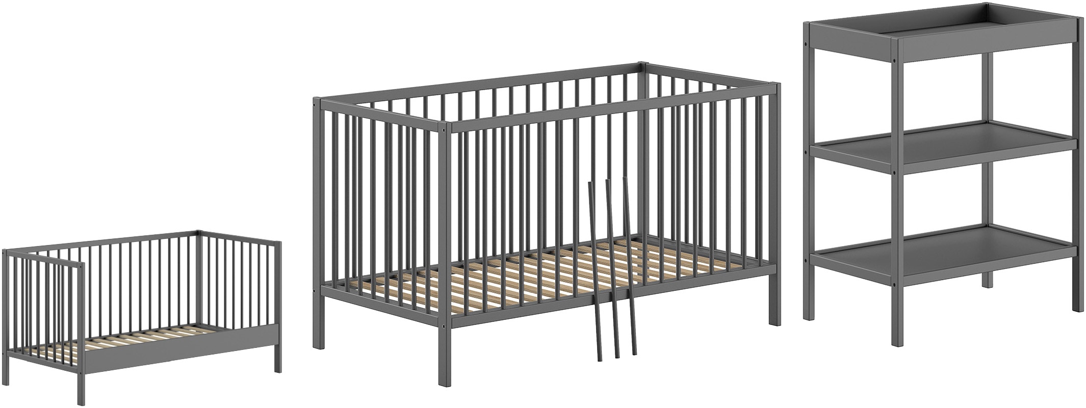 Babymöbel-Set VIPACK "Dino ist das ideale Start Set für Ihr Kind aus massiver Buche", grau (anthrazit), ohne Matratze, B/H: 70cm x 140cm, Schlafzimmermöbel-Sets, Baby-/Juniorbett u. Wickelregal inkl. wahlweise in 3 Farben erhältlich Image