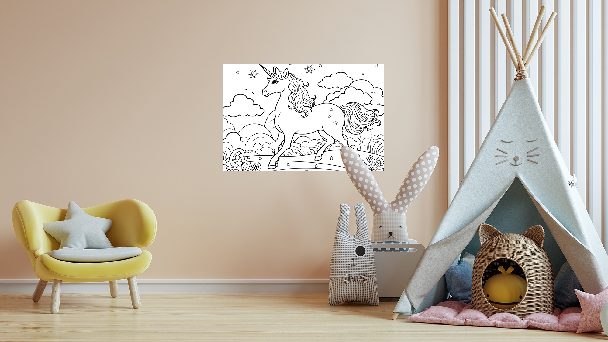 Wandsticker QUEENCE "Einhorn auf Blumenwiese", weiß, B:90cm H:60cm, Vinyl, Wandtattoos, DIY-Wandsticker zum Bemalen