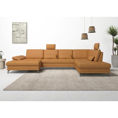 Wohnlandschaft PLACES OF STYLE "Costello U-Form, mit Sitztiefenverstellung, Armteilverstellung und", gelb (curry), B:363cm H:89cm T:223cm, Luxus-Microfaser (90% Polyester, 10% Polyamid), Samtoptik (100% Polyester), Sofas, 3 Nierenkissen, optional... Image