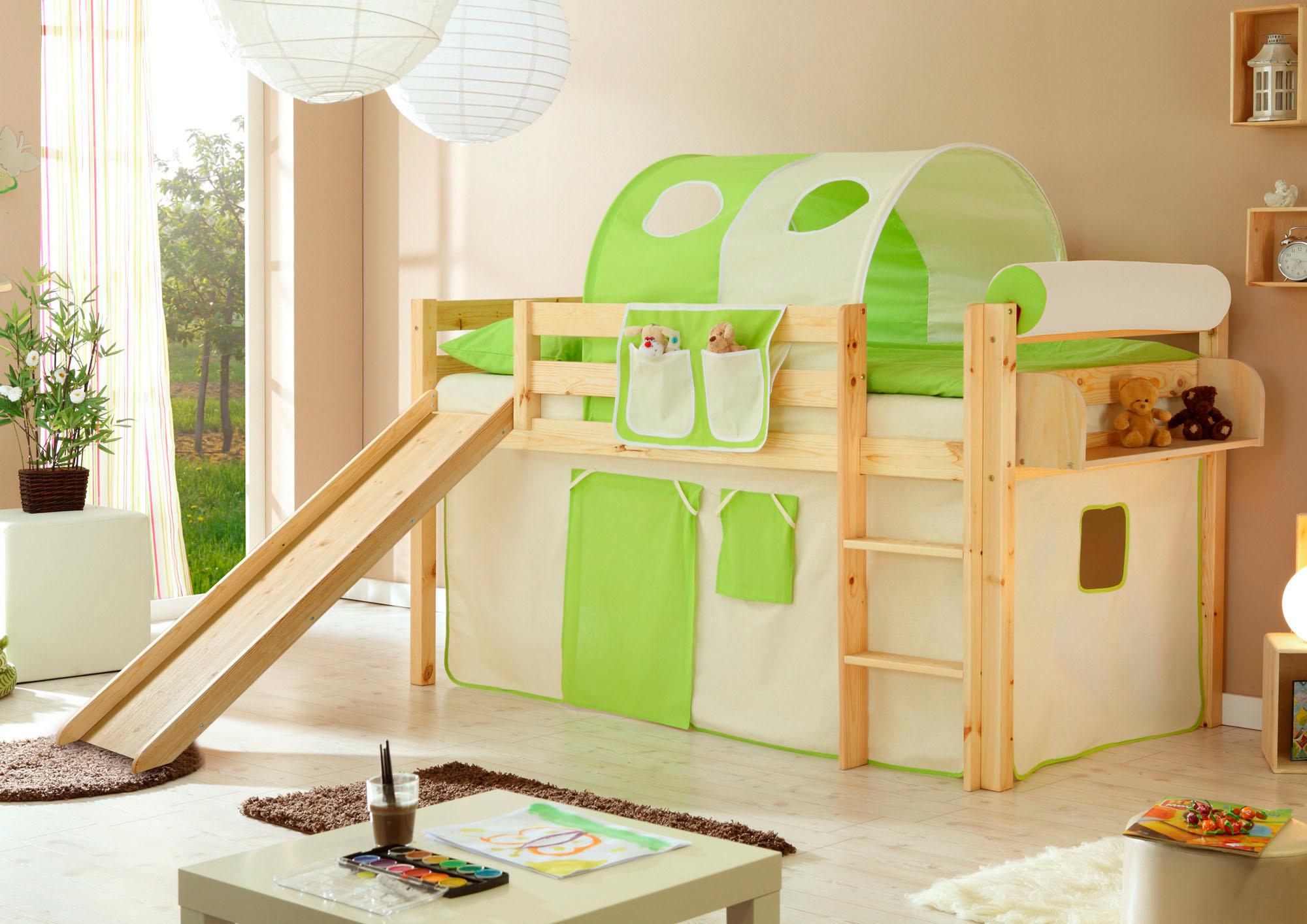 Hochbett TICAA "Manuel", beige (kiefer massiv natur, beige, grün), B:217cm H:114cm L:205cm, Hochbetten, Hochbett, Rollrost und Textil-Set wahlweise mit Matratze, Kiefer massiv natur