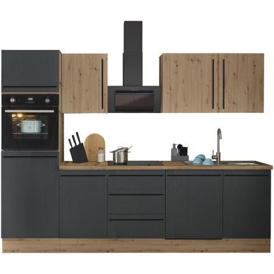 Küchenzeile KOCHSTATION "Florida", schwarz (front: schwarz matt, artisan, korpus: artisan eiche, arbeitsplatte: artisan eiche), B:280cm H:211cm T:60cm, Komplettküchen-Sets, Breite 280 cm, wahlweise mit E-Geräten,Softclose für Türen/Schubkästen Image