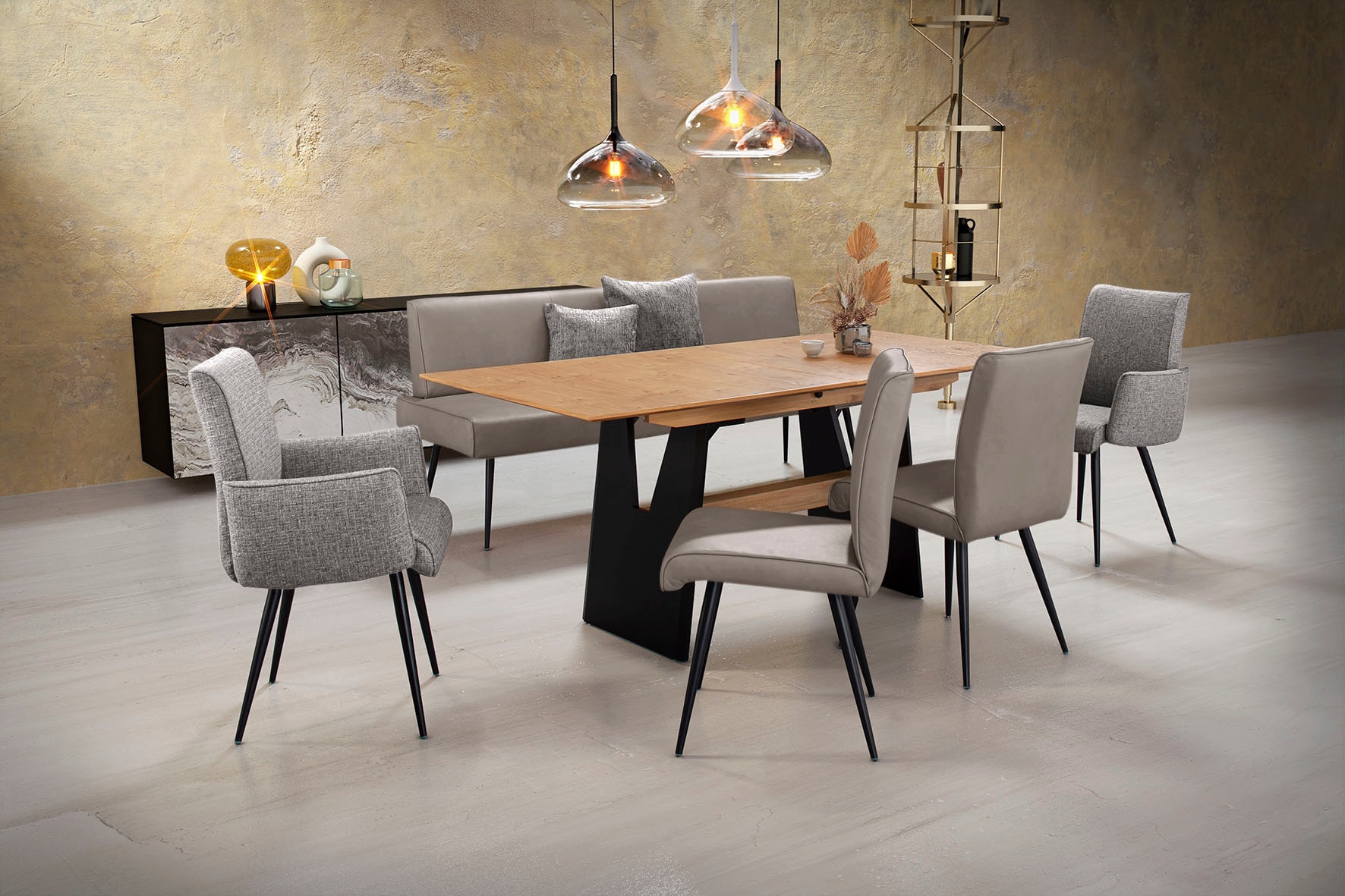 Essgruppe K+W KOMFORT & WOHNEN "Giacomo I", grau (stahl, lightgrau,), Flachgewebe 775 Leder CLOUD, Synchron-Auszug, Länge Esstisch: 180cm,Länge Esstischmaximal: 220cm,Breite/Sitzbreite Bank: 200cm, Sitzmöbel-Sets, 2 Stühle und Bank, 2...