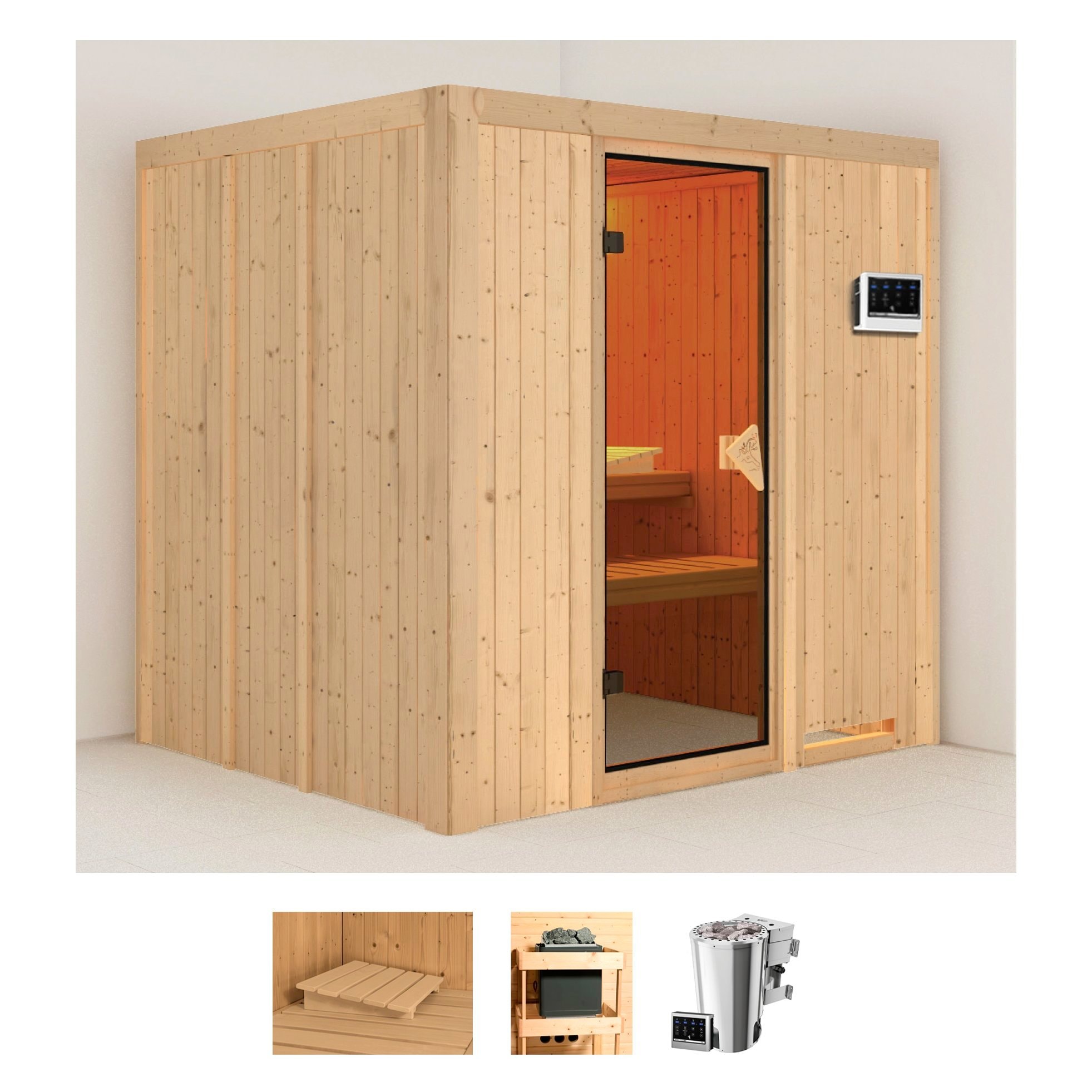 Sauna KARIBU "Dima", beige (naturbelassen), Bio-Kombiofen, externe Steuerung, 3,6 kW, Saunen, Ofen 3,6 kW Bio-Ofen externe Strg. easy Image