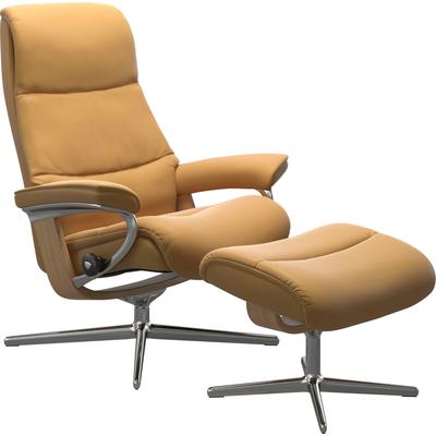Relaxsessel STRESSLESS "View", gelb (honey paloma), B:82cm H:109cm T:81cm, Sessel, mit Hocker, mit Cross Base, Größe S, M & L, Holzakzent Eiche Image