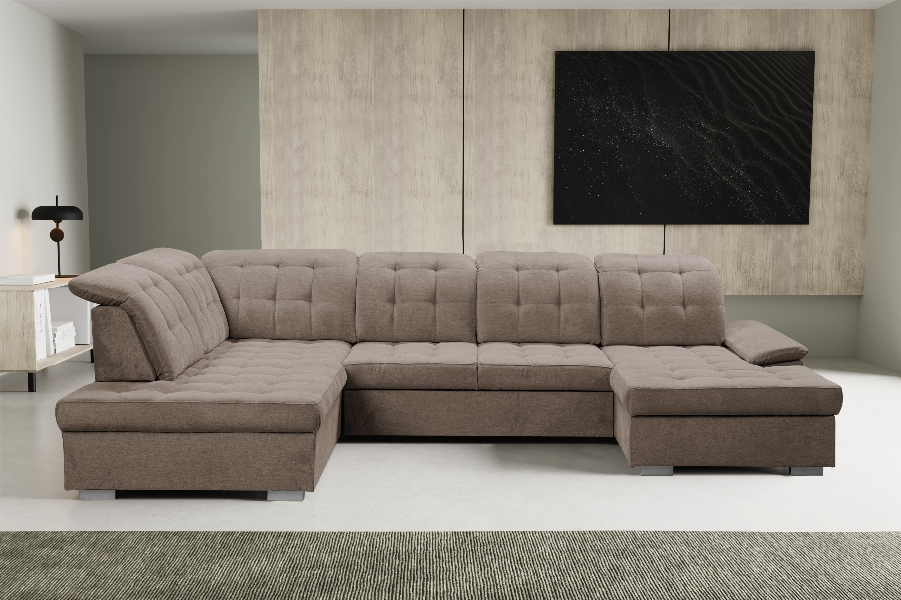 Wohnlandschaft WERK2 "Kordula-New Multifunktion Couch, Breite 332cm, bequem, U-Form", beige, B:332cm H:105cm T:217cm, 95% Polyester, 5% Nylon, Sofas, Wohnlandschaft, Sofa in U-Form mit Schlaffunktion & Bettkasten, Schlafcouch