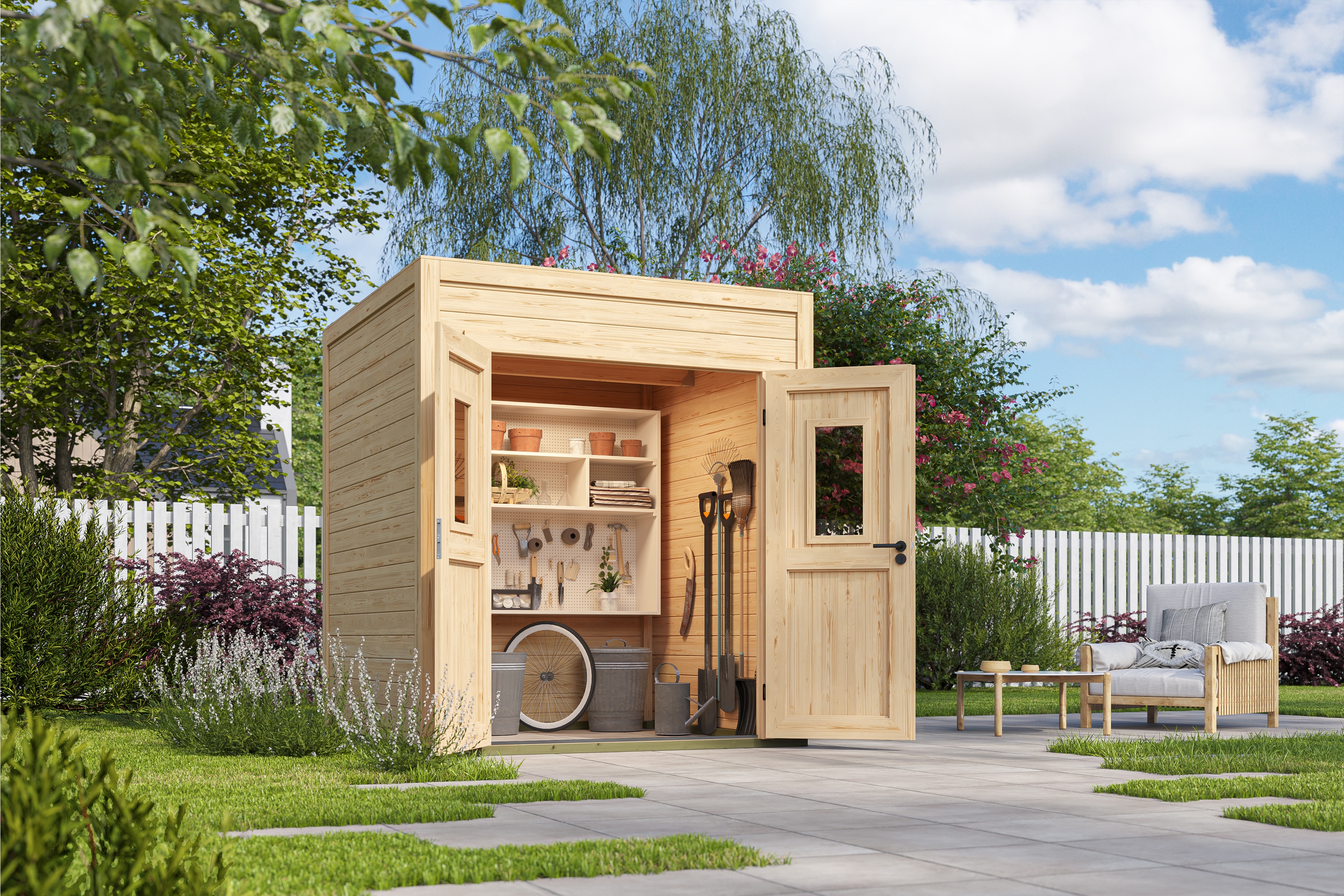 Gartenhaus NORDIC HOLZ "Felix 1", beige (naturbelassen), ohne Fußboden, Massivholzdach, Holz, Gartenhäuser, Gartenhaus, kleiner stilvoller Schuppen mit Flachdach