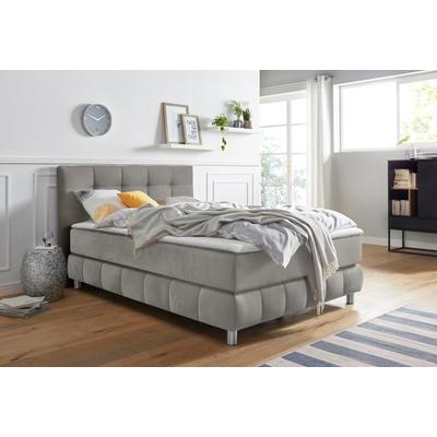Boxspringbett ANDAS "Salo", grau (hellgrau), B:134cm L:211cm, Struktur (100% Polyester), Bezug der Spiegelfläche Matratzendrell aus 100% Polyester, Samtoptik (100% Polyester), Komplettbetten, Boxspringbett, incl. Topper, 6 Breiten, 2 Härtegrade, TFK... Image