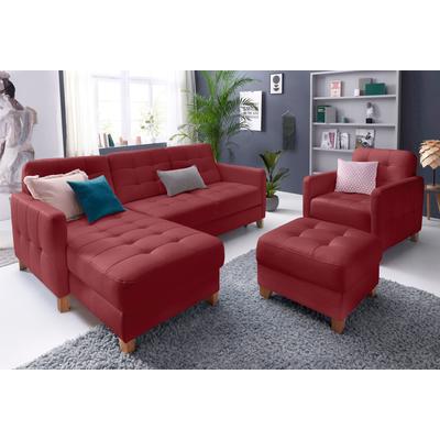 Ecksofa EXXPO - SOFA FASHION "Elio, kompakt und komfortabel, bequem und zeitloses Design, L-Form", rot (bordeaux), B:217cm H:84cm T:157cm, Luxus-Kunstleder, NaturLEDER (echtes Rindsleder) in Sitz und Rücken. Korpus in passendem Kunstleder SOFTLUX... Image