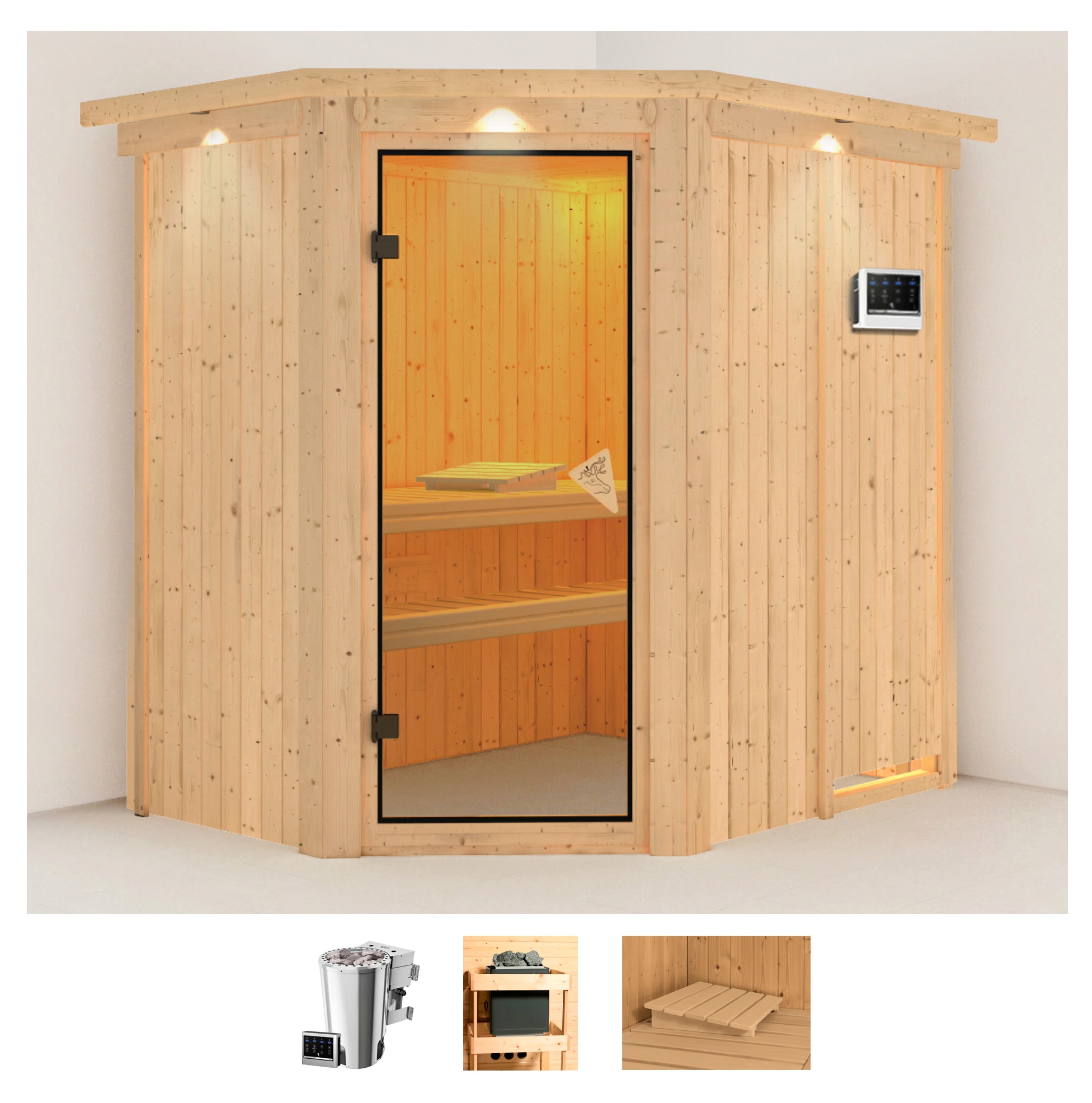 Sauna KARIBU "Swantje", beige (naturbelassen), Bio-Kombiofen, externe Steuerung, 3,6 kW, Saunen, Ofen 3,6 kW Bio-Ofen externe Strg. easy Image