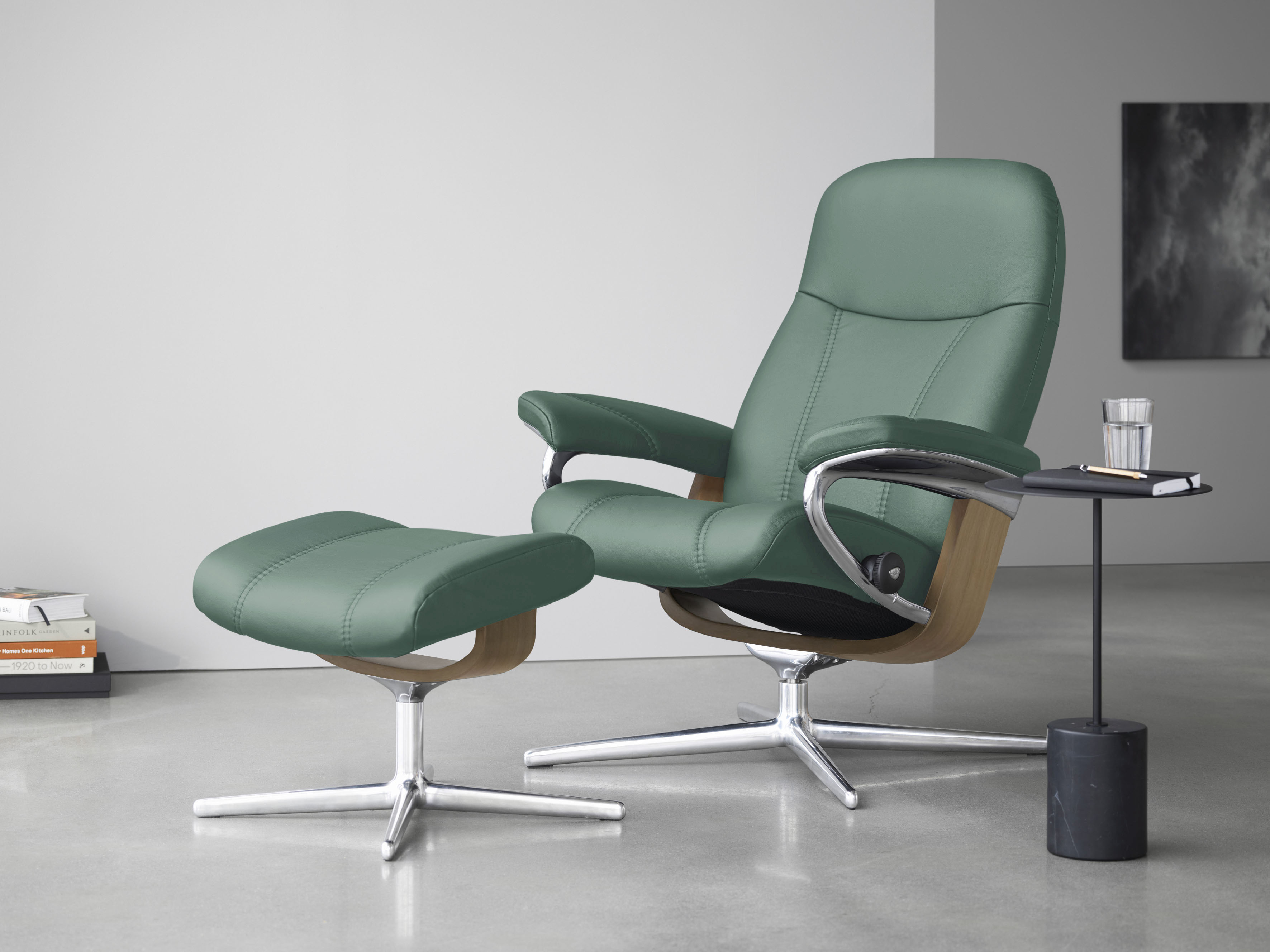 Relaxsessel STRESSLESS "Consul", grün (aqua grün paloma), B:91cm H:102cm T:79cm, Leder PALOMA: PALOMA ist ein durchgefärbtes Semianilin-Möbelleder mit natürlicher Narbung., Sessel, Relaxsessel, mit Cross Base, Größe S, M & L, Holzakzent Eiche, in 2...