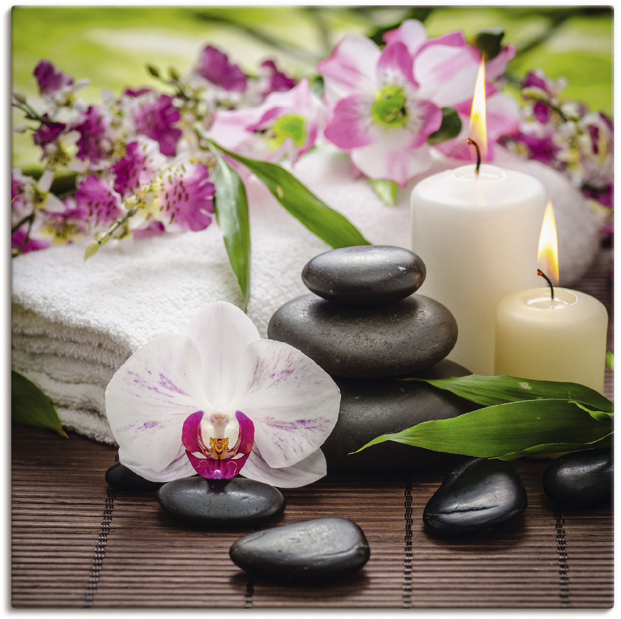 Wandbild ARTLAND "Spa Orchideen Bambus Kerze", pink (farbe bild(er): pink), B:40cm H:40cm, Bilder, als Alubild, Outdoorbild, Leinwandbild, Poster, Wandaufkleber