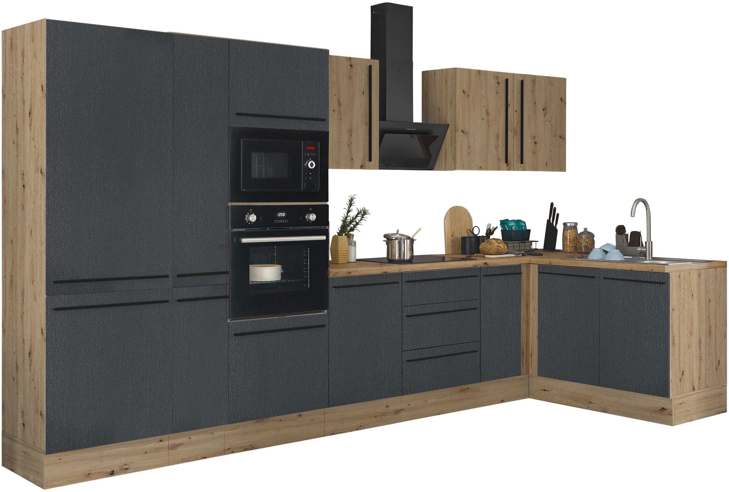 Winkelküche KOCHSTATION "Florida, Stellbreite 360x165 cm", schwarz (küche: schwarz, front: artisan eiche, schwarz matt, korpus: artisan eiche, arbeitsplatte: artisan eiche), B:360cm H:211cm T:60cm, Komplettküchen-Sets, wahlweise mit E-Geräten, mit...