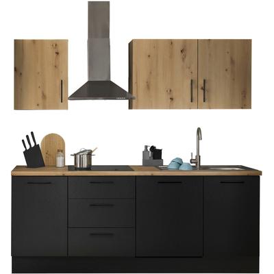 Küchenzeile BASIC BY BALCULINA "Turin", schwarz (front: schwarz matt woodprint, artisan eichefarben, korpus: schwarz matt woodprint, arbeitsplatte: artisan eichefarben), B:220cm H:211cm T:60cm, Komplettküchen-Sets, Küchenzeile, Breite 220 cm, ohne... Image