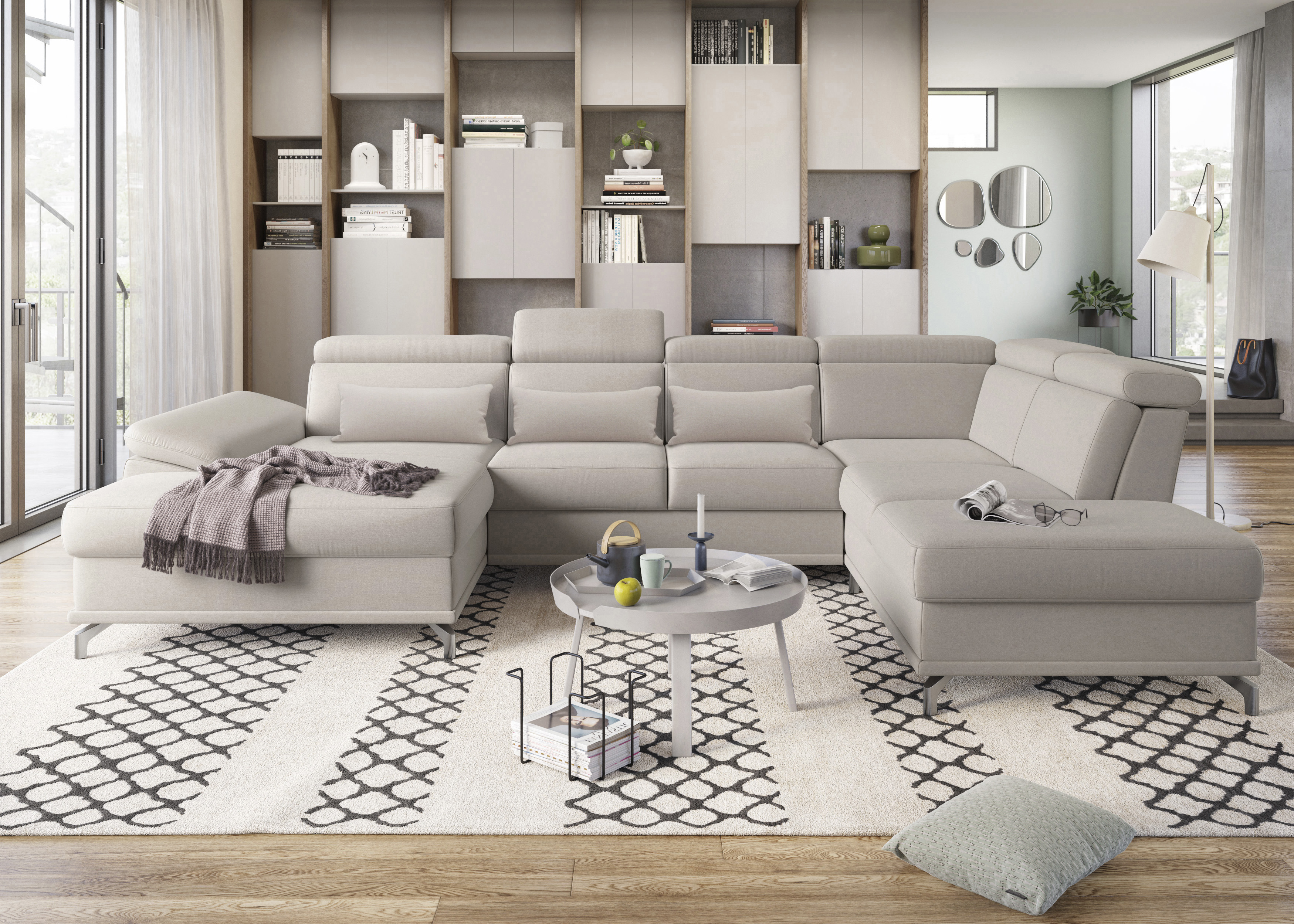 Wohnlandschaft SIT & MORE "Cabrio U-Form, B: 359 cm, mit Sitztiefen-, Arm- & Kopfteilverstellung", grau (elephant), B:359cm H:87cm T:230cm, 100% Polyester, Sofas, 3 Nierenkissen, Federkern, optional Bettfunktion und Stauraum Image