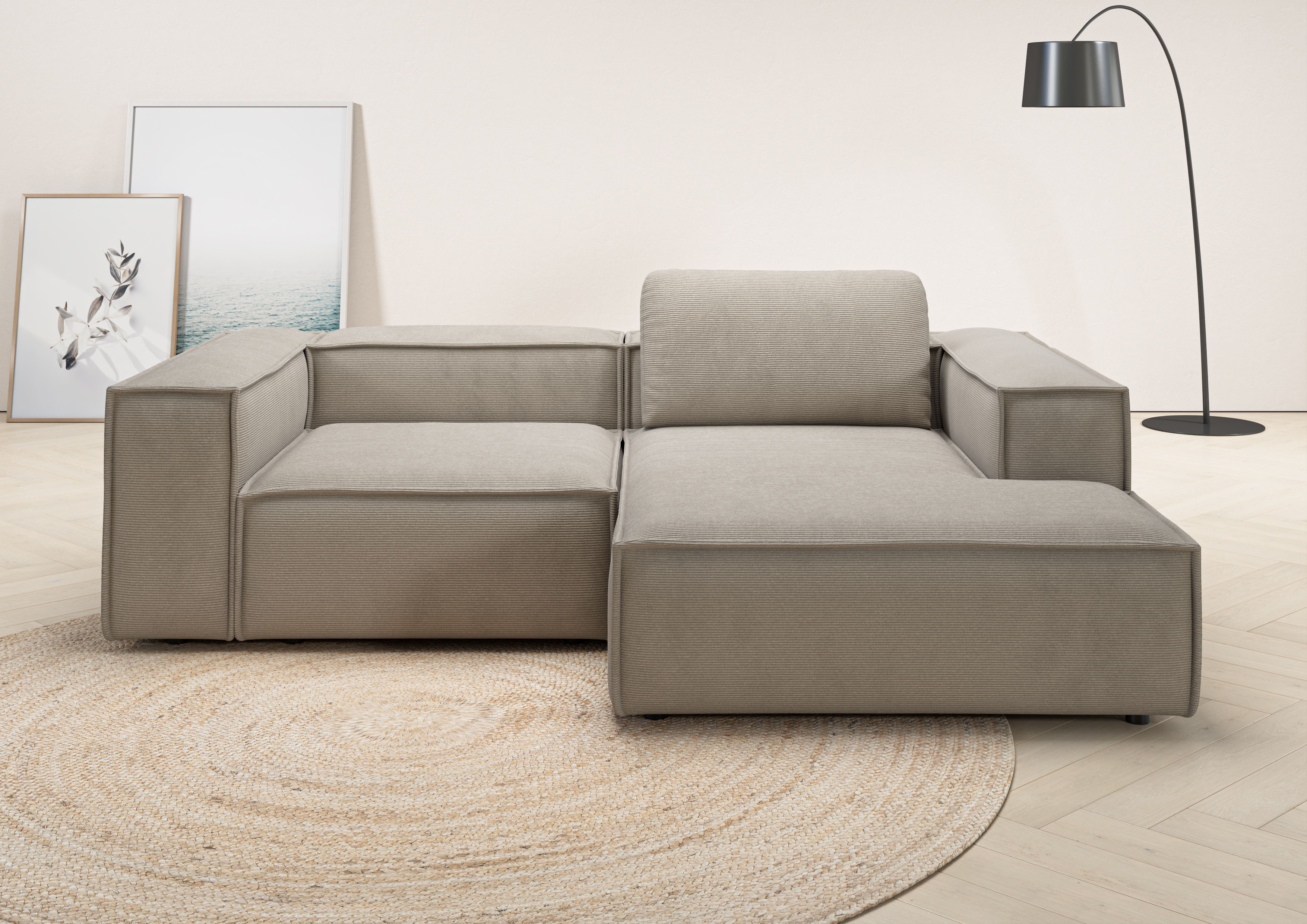 Ecksofa HOME AFFAIRE "Watertown, kompakte L-Form, 246 cm breite für kleinere Räume", beige (sand), B:246cm H:68cm T:171cm, 95% Polyester, 5% Nylon, Sofas, Ecksofa, modernes Ecksofa mit Feincordbezug, platzsparend & bequem