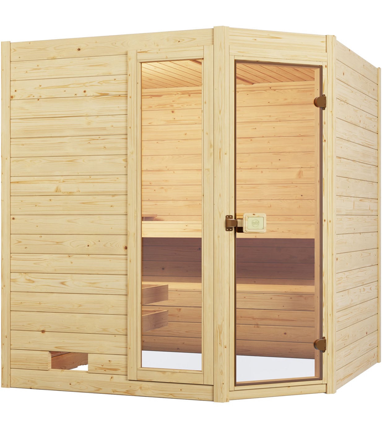 Sauna WEKA "Massivholzsauna VALIDA Eck 1.8", beige (natur), Bio-Ofen, externe Steuerung, 5,4 kW, Saunen, Blockbohlen, Fensterelement, moderne Ganzglastür Image