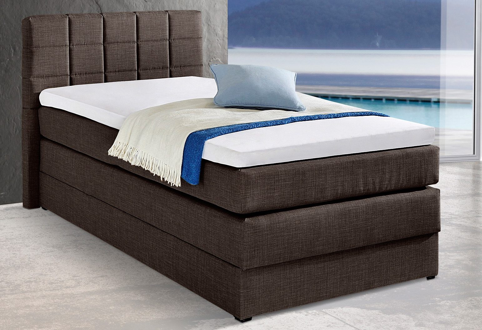 Boxspringbett HAPO, braun, Liegefläche B/L: 100cm x 200cm, kein Härtegrad, Bonnell-Federkernmatratze, Das Bett ist mit pflegeleichtem Feinstrukturstoff in Leinenoptik (100% Polyester) bezogen.;Die Oberseite der Unterfederung und die Ober- und... Image