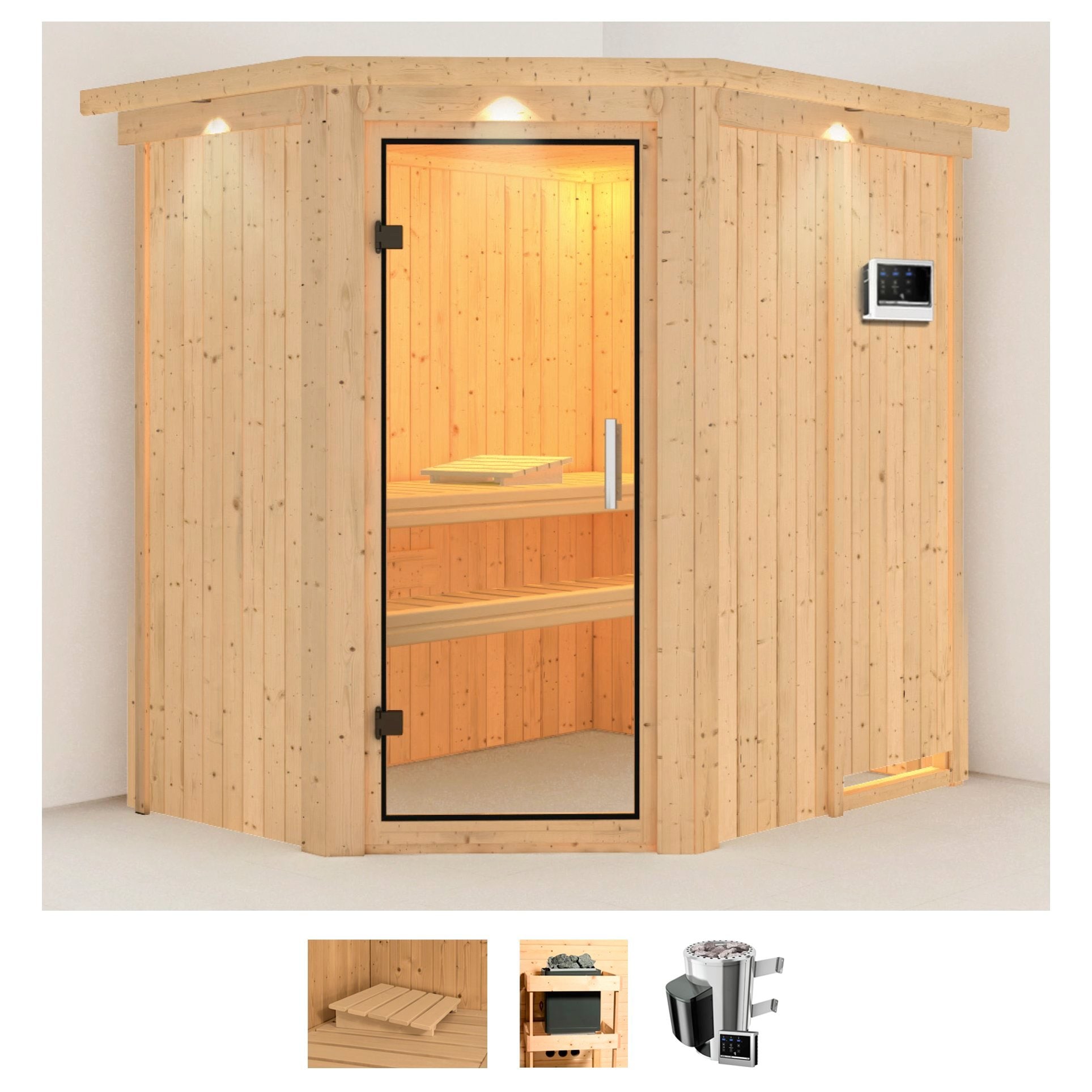 Sauna KARIBU "Swantje", beige (naturbelassen), Saunaofen, externe Steuerung, 3,6 kW, Saunen, Ofen 3,6 kW externe Strg.easy