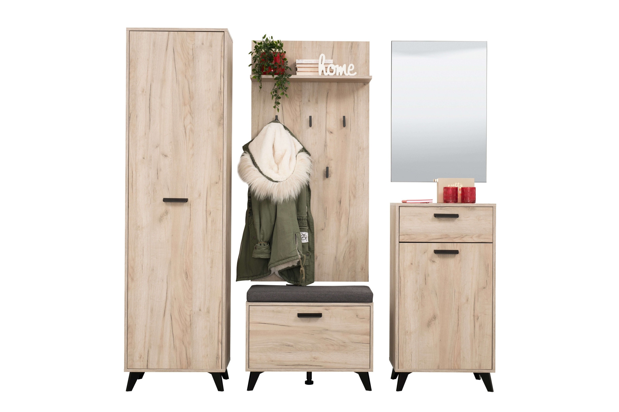 Garderoben-Set INOSIGN "Umbria, Flurmöbel, Dielenmöbel, Breite 175 cm, in Grau Eiche", grau (grau eiche), B:175cm H:192cm T:35cm, Kunststoff, Metall, Spanplatte, Kastenmöbel-Sets, (Set, 5-St) inkl. 2 Schränke, Sitzbank, Garderobenpaneel und Spiegel