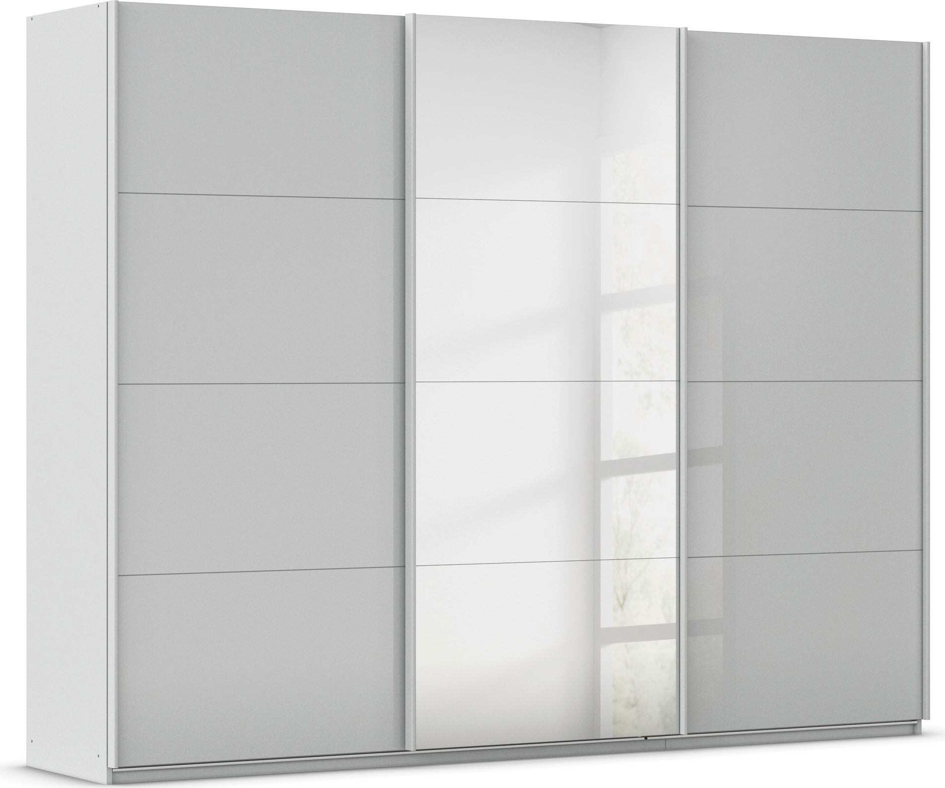 Schwebetürenschrank OTTO HOME "Kleiderschrank Kleiderschränke Schrank Garderobe AGORDO mit Glasfront", grau (seidengrau, glas seidengrau), B:271cm H:210cm T:62cm, Holzwerkstoff, Schränke, Schwebetürenschrank, durchdachte Innenausstattung, in 4... Image