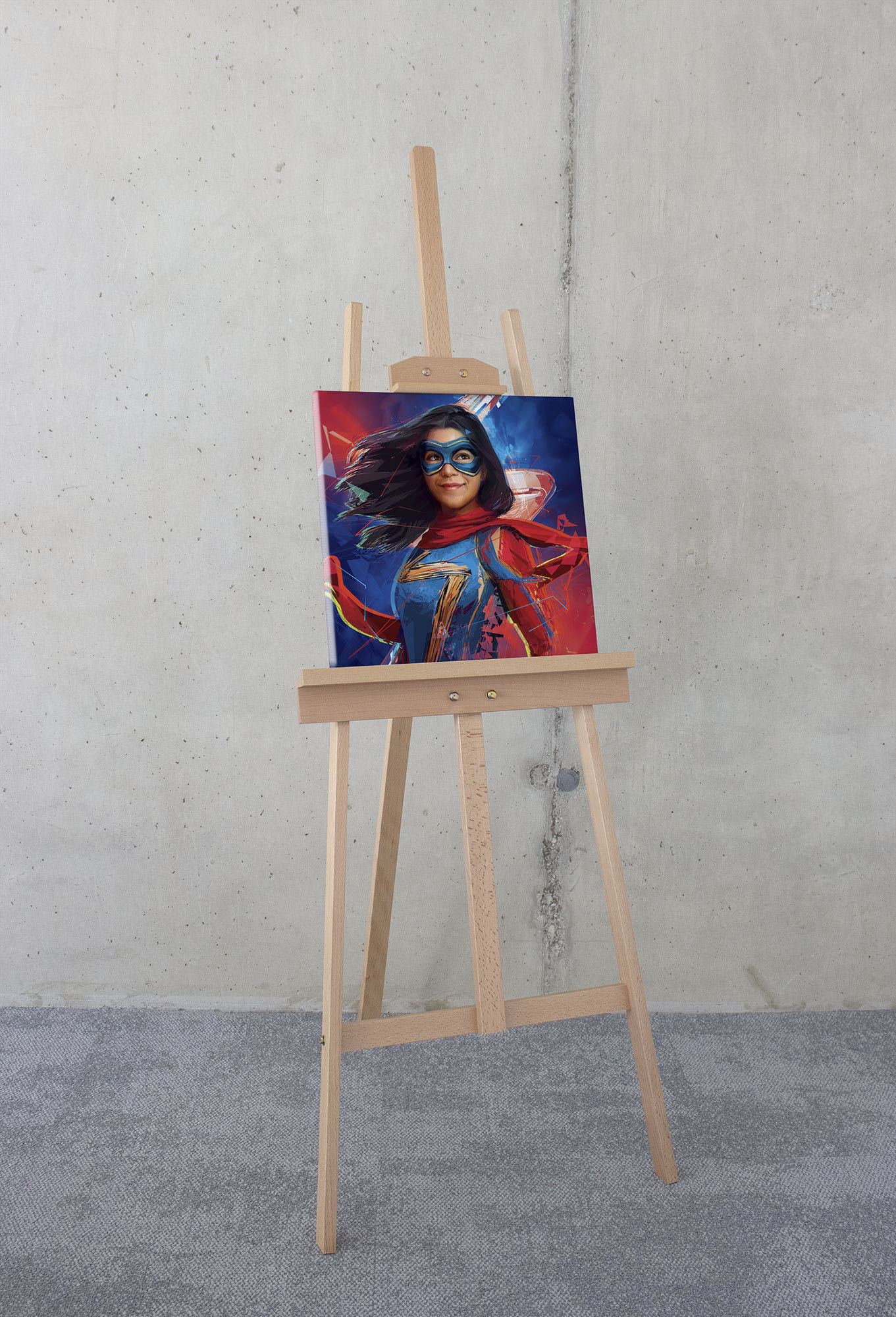 Leinwandbild KOMAR "Miss Marvel - Größe 40 x 40 cm", bunt (farbe rahmen: braun, farbe bild(er): bunt), B:40cm H:40cm T:2cm, Holz, Papier, Bilder, Keilrahmenbild mit Echtholzrahmen, Kinderzimmer Image