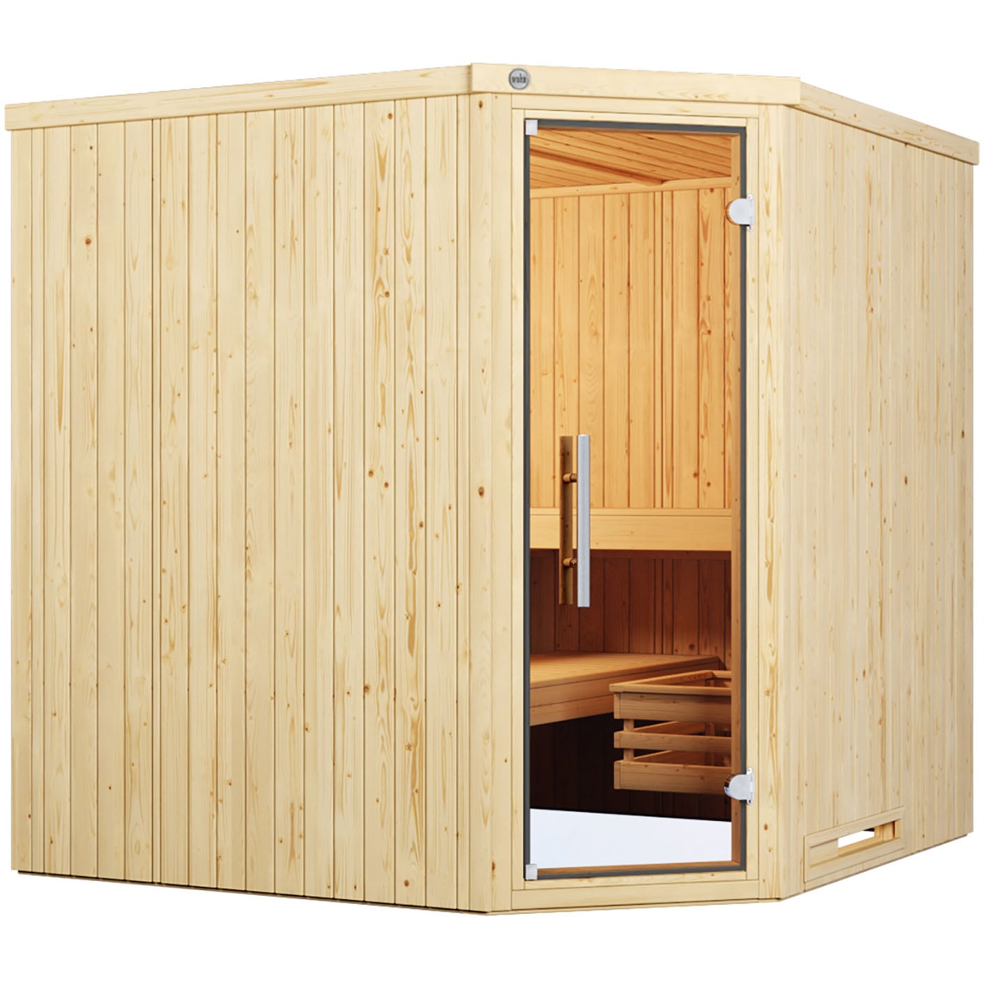 Sauna WEKA "Element-Ecksauna VARBERG 3", beige (natur), Saunaofen, integrierte Steuerung, 9 kW, Saunen, vorgefertigte Elemente, moderne Ganzglastür Image