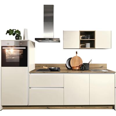Küche KOCHSTATION "KS-Sakura, vormontiert, mit Vollauszügen und höhenverstellbaren Füßen", beige (front: magnoliafarben, korpus: magnoliafarben, arbeitsplatte: eiche astig), B:268cm T:60cm, Komplettküchen-Sets, vormontiert, wahlweise mit E-Geräten... Image