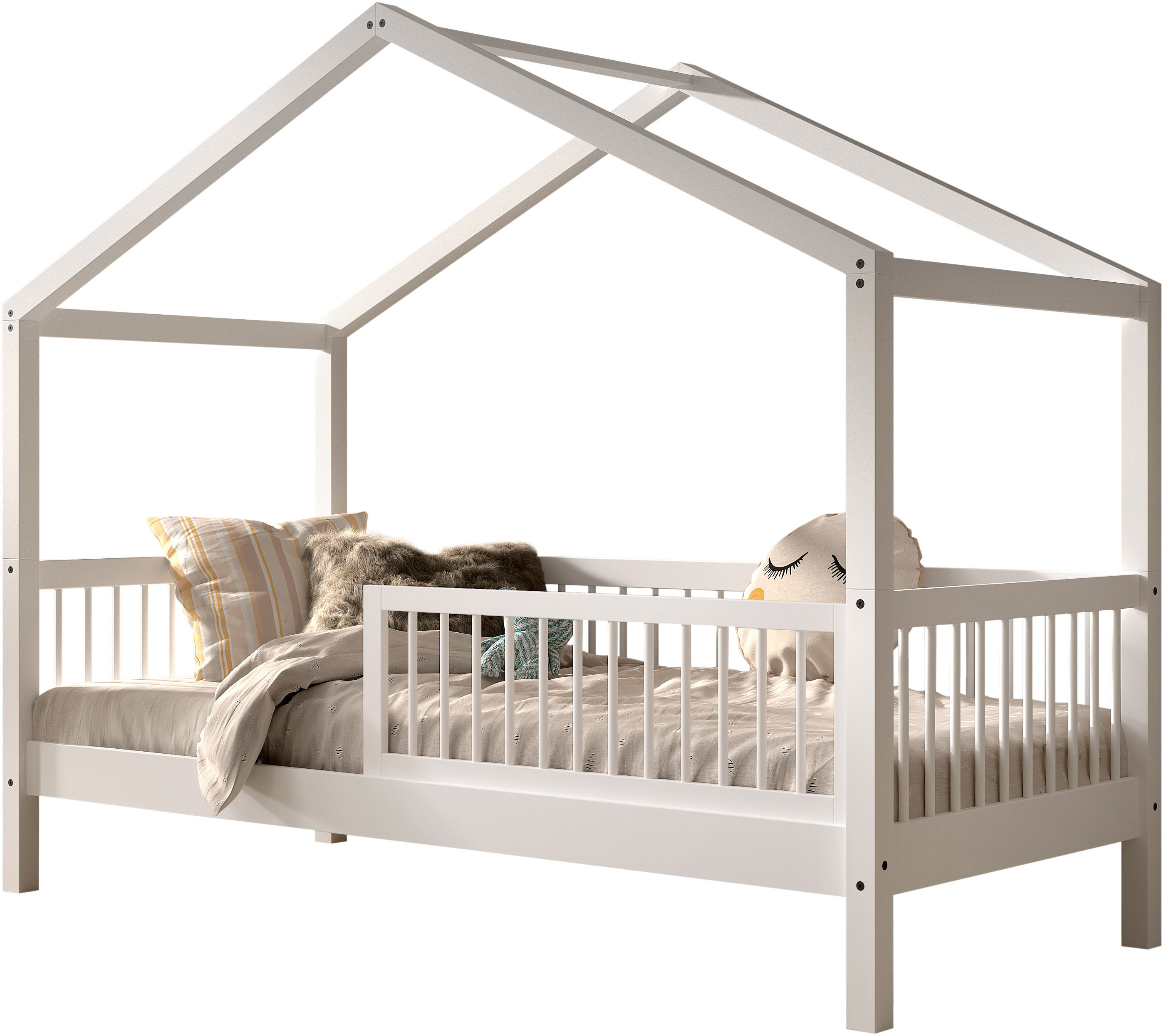 Hausbett HOME AFFAIRE "Forrest mit Dachaufbau, Rausfallschutz, später umbaubar zum Einzelbett", weiß (weiß, weiß, weiß), B:97,5cm H:170cm L:207,5cm, Betten, 90/200 Buche massiv weiß lackiert, wahlweise mit o. ohne Bettschublade Image