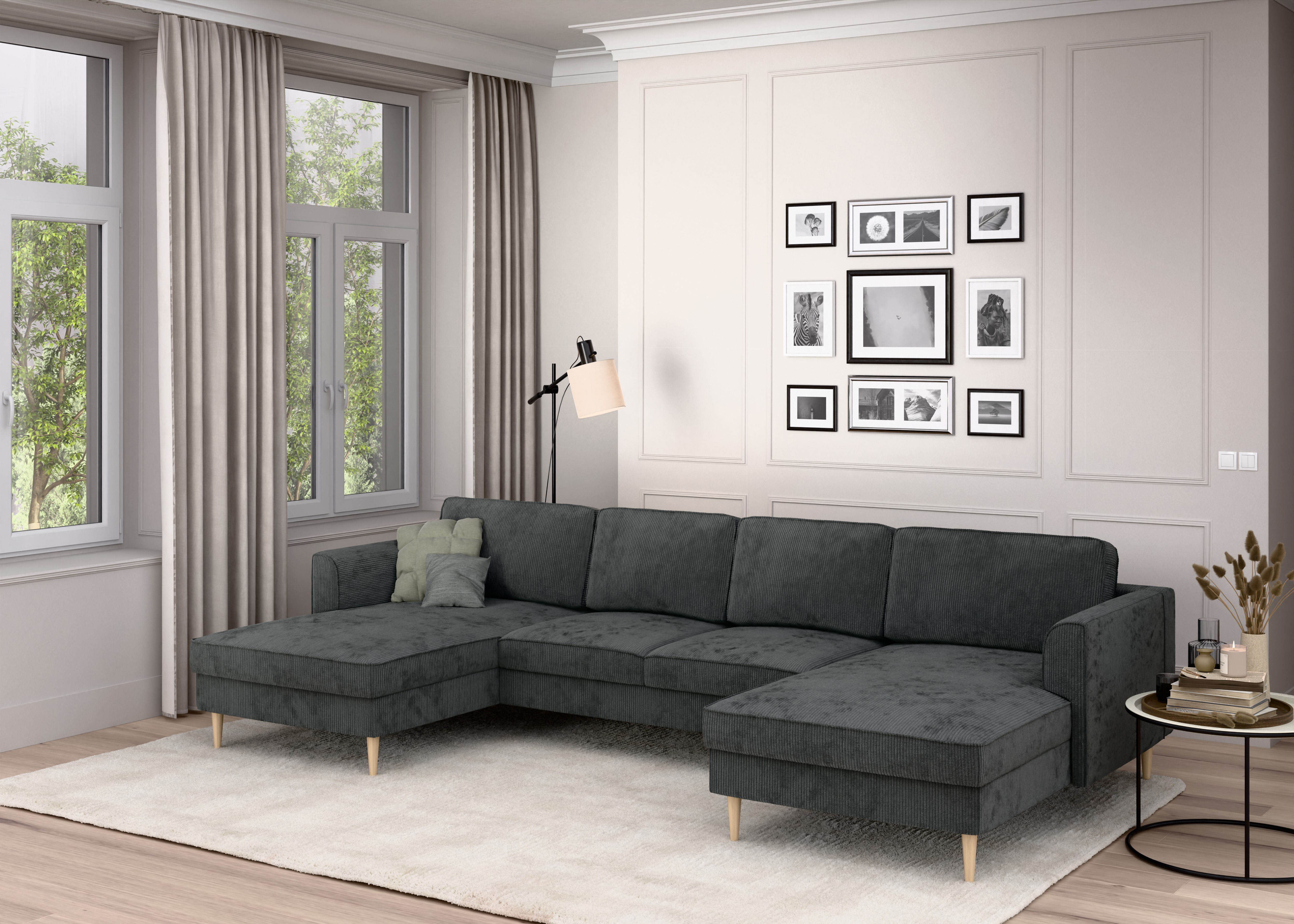 Wohnlandschaft HOME AFFAIRE "Booster, whlw. mit Schlaffunktion & Bettkasten, Fuß Buche lackiert", grau (dunkelgrau), B:305cm H:83cm T:161cm, 92% Polyester, 8% Polyamid, Sofas, Sofa in U-Form, Breite 305 cm