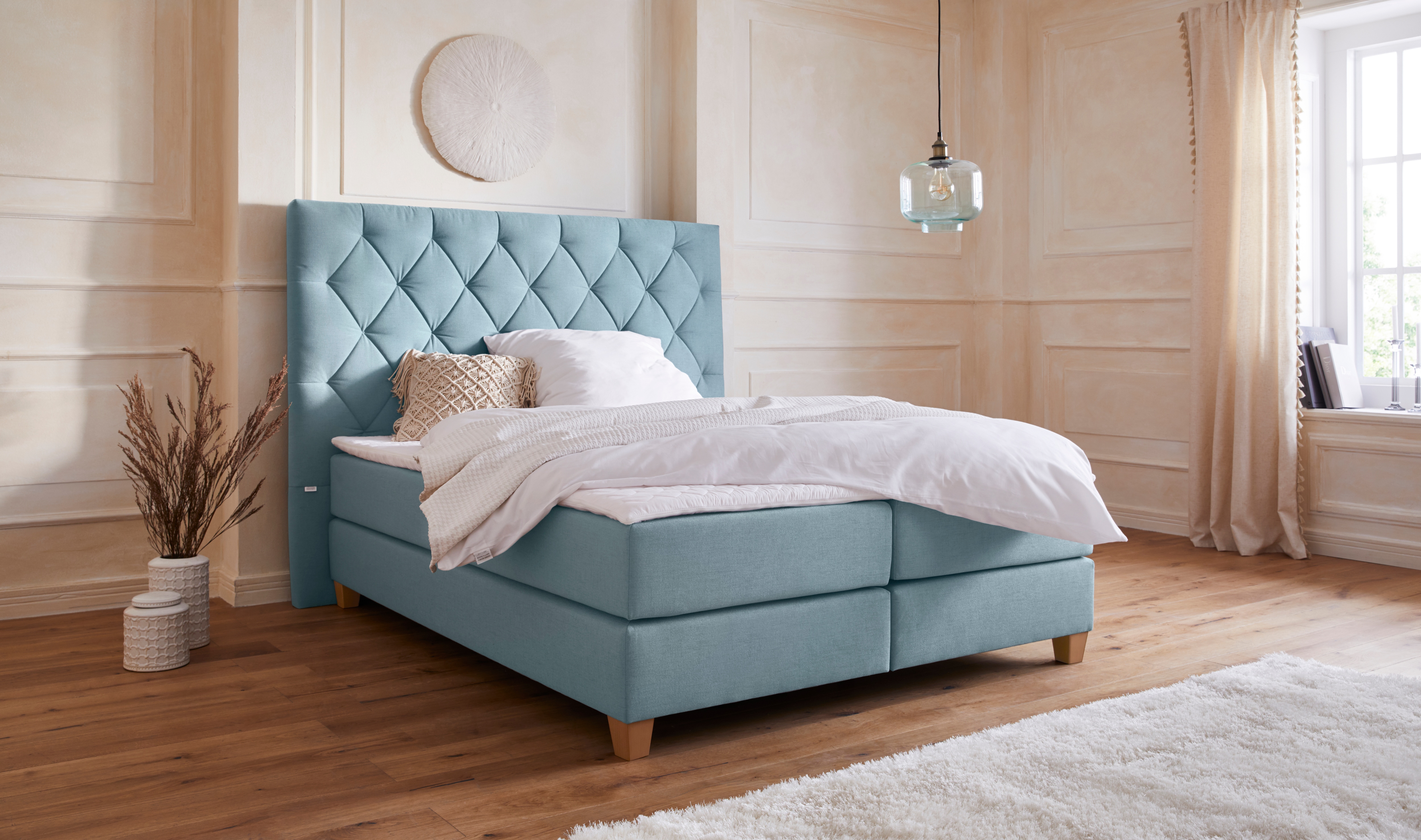 Boxspringbett HOME AFFAIRE "Harmones hoch", grün (mint), B:183cm L:210cm, Struktur (100% Polyester), Komplettbetten, Boxspringbett, in 3 Breiten, Härtegrad auch im Mix mit je 1 Matratze in H2 und H3 Image