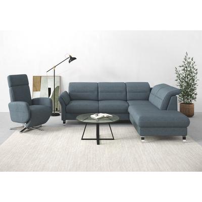 Ecksofa SIT & MORE "Grenoble L-Form mit Federkern", blau (blau, grau), B:247cm H:85cm T:222cm, Sofas, wahlweise mit Bettfunktion, Bettkasten, Arm- und Kopfteilverstellung Image