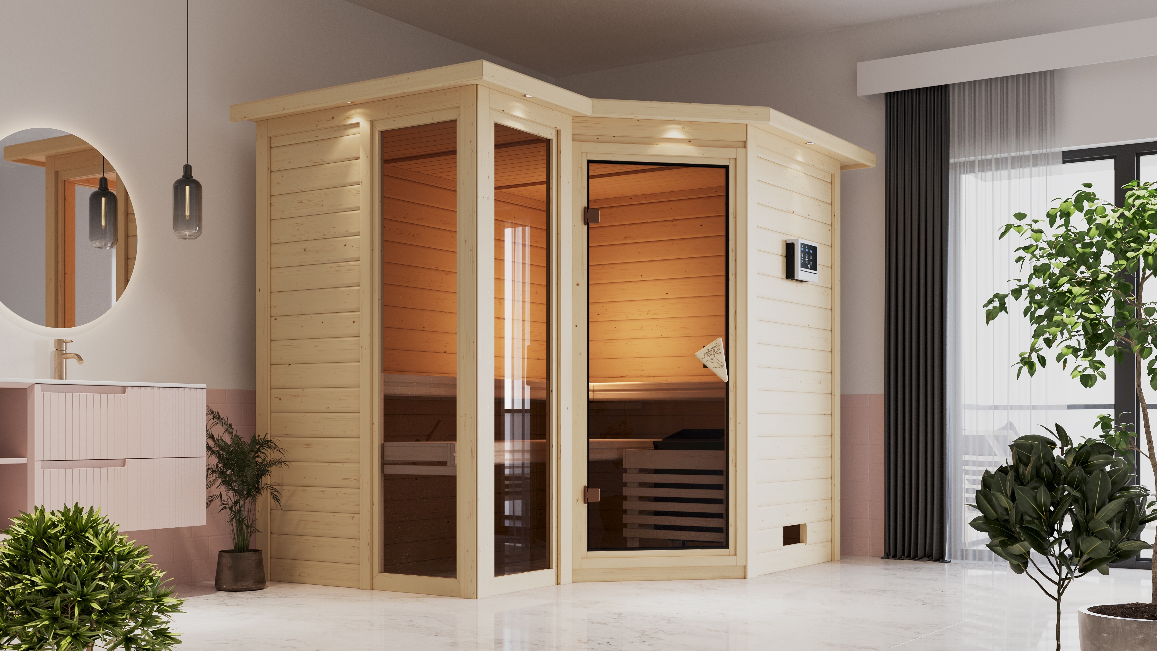 Sauna KARIBU "Amada", beige (naturbelassen), Bio-Kombiofen, externe Steuerung, 9 kW, Saunen, Ofen 9 kW Bio externe Strg easy