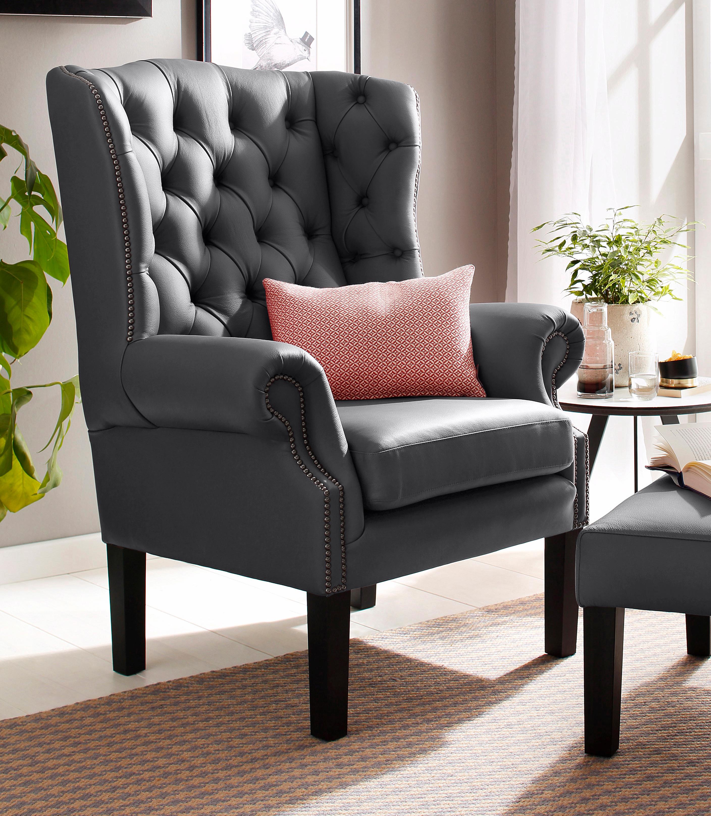 Sessel HOME AFFAIRE "Bedford Ohrensessel Chesterfield", schwarz, B:83cm H:113cm T:94cm, NaturLEDER (echtes Rindsleder);Luxus-Microfaser Lederoptik (100% Polyester), Sessel, Ledersessel Einzelsessel, mit aufwendiger Knopfheftung und geschwungenen...