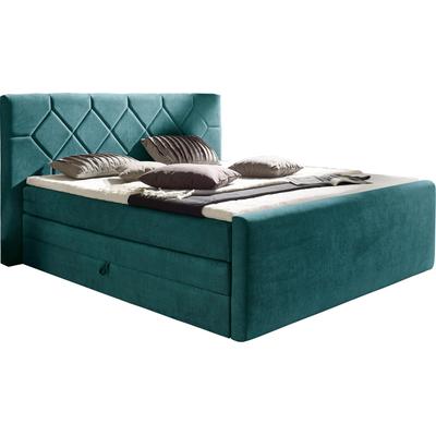 Boxspringbett PLACES OF STYLE "Atlanta", blau (ocean), B:180cm L:221cm, Stoff, Massivholz, Kunststoff, Komplettbetten, Boxspringbett, inklusive Topper und Bettkasten Image