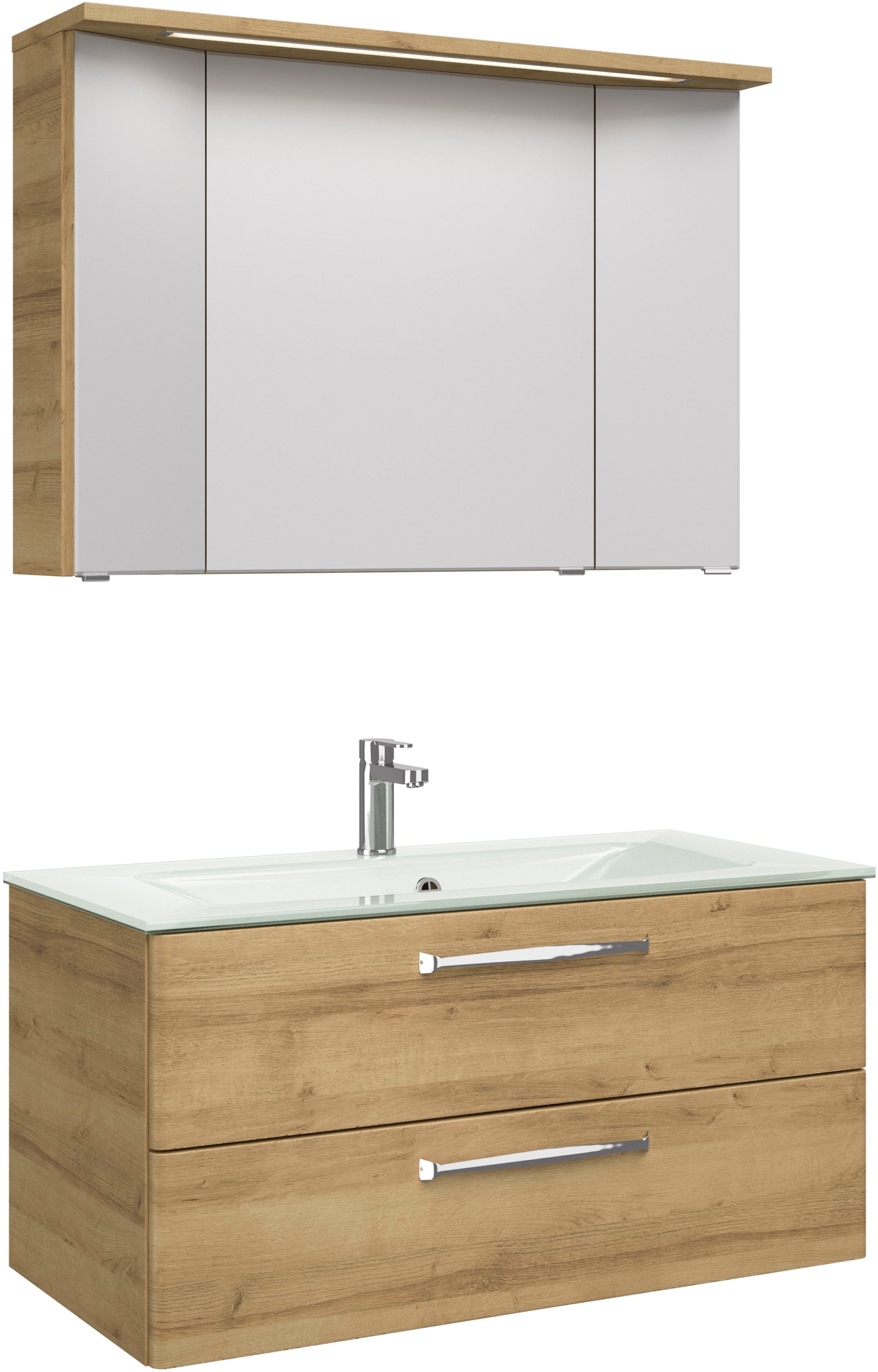 Badmöbel-Set SAPHIR "Trentino 2-teilig Glas-Waschtisch, Spiegelschrank mit LED-Leuchte", braun (riviera eiche quer nb), Kastenmöbel-Sets, Badmöbel-Set, Badmöbel-Set 107cm breit, inkl. Türdämpfer, 3 Türen, 2 Auszügen