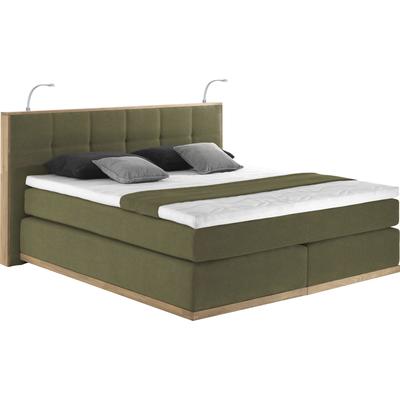 Boxspringbett PLACES OF STYLE "Vinton", grün (olive), B:200cm L:213cm, Komplettbetten, Boxspringbett, aus Eiche, mit LED-Beleuchtung, verschiedene Härtegrade (auch H4) Image