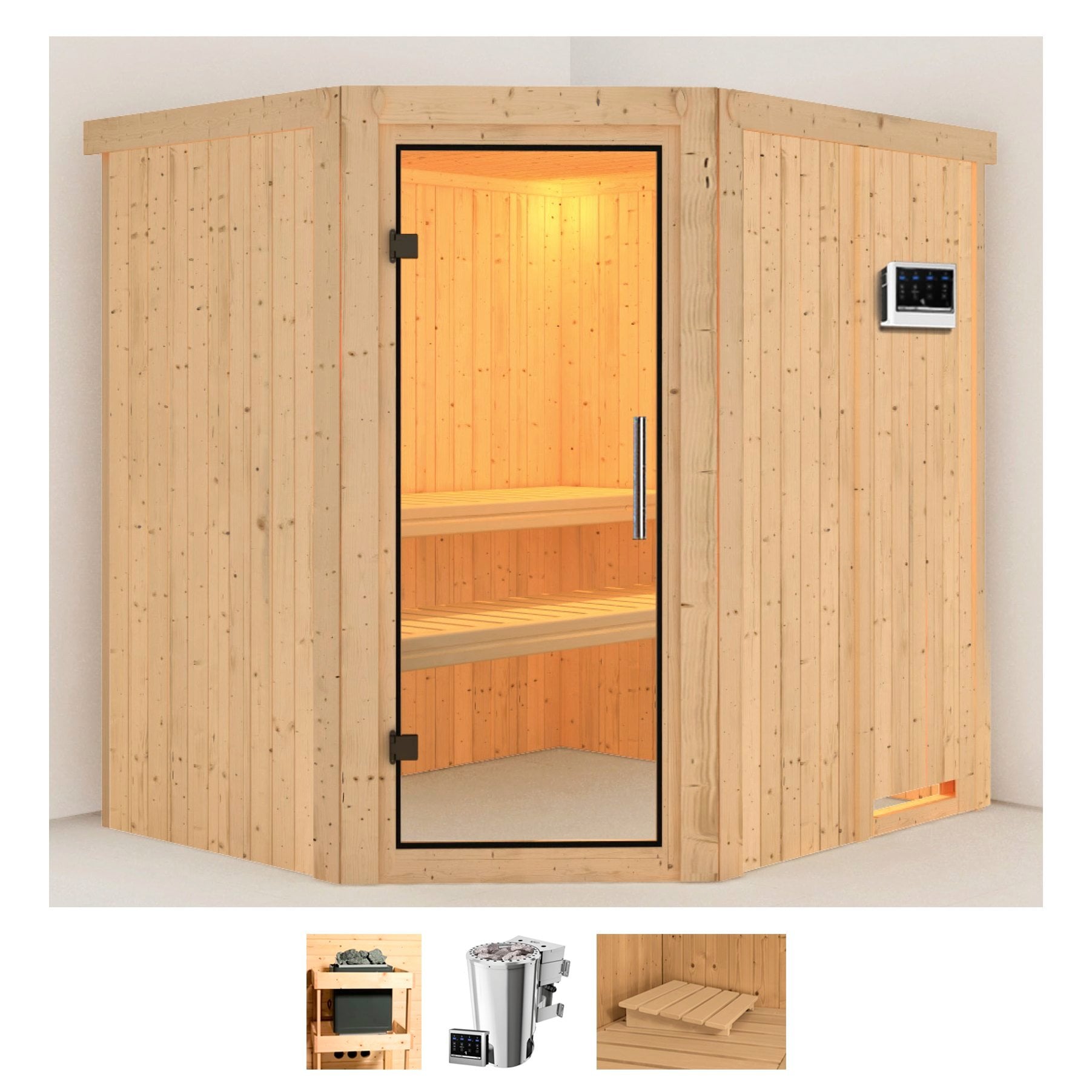 Sauna KARIBU "Laila", beige (naturbelassen), Bio-Kombiofen, externe Steuerung, 3,6 kW, Saunen, Ofen 3,6 kW Bio-Ofen externe Strg. easy