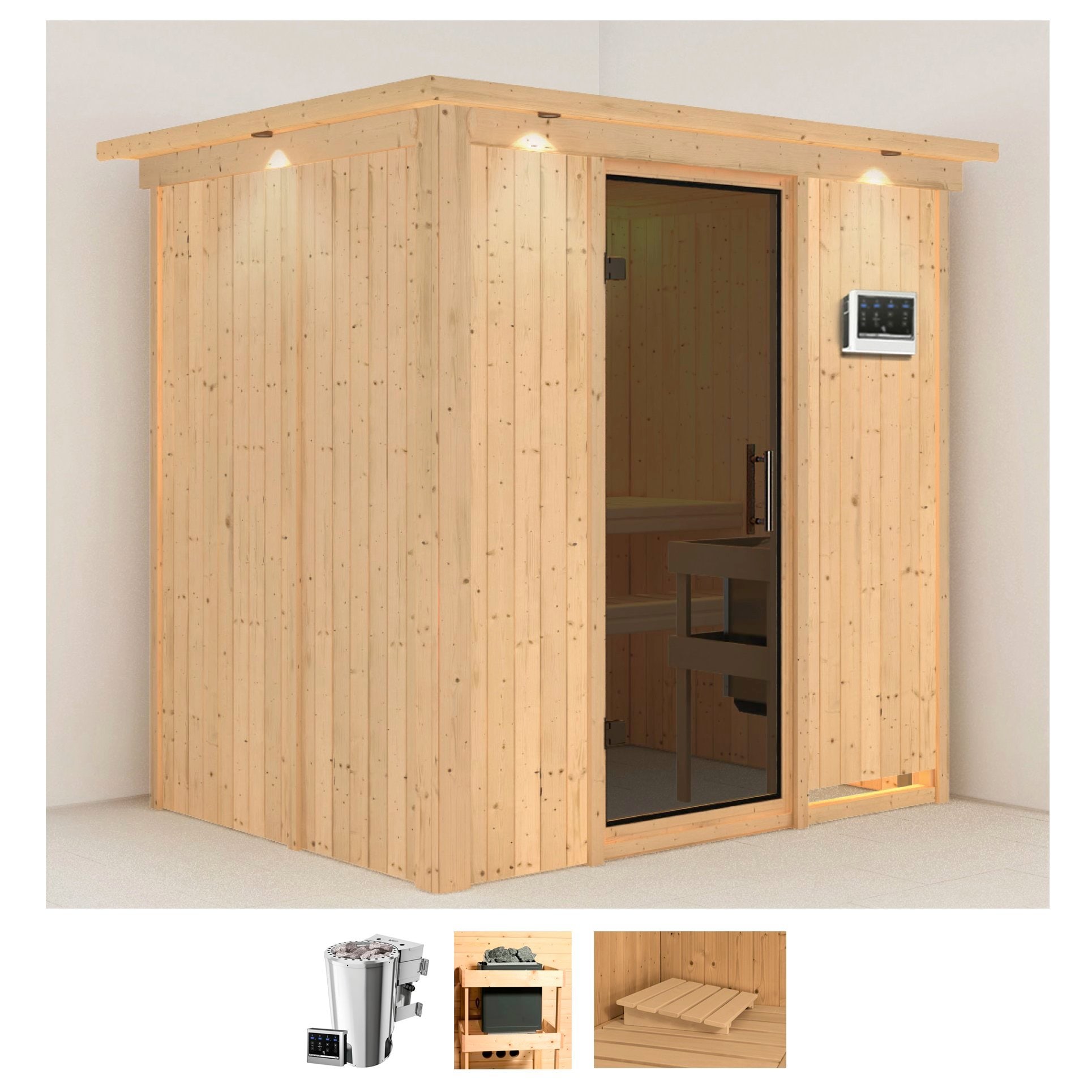 Sauna KARIBU "Finja", beige (naturbelassen), Bio-Kombiofen, externe Steuerung, 3,6 kW, Saunen, 3,6-kW-Bio-Plug & Play Ofen mit externer Steuerung Image