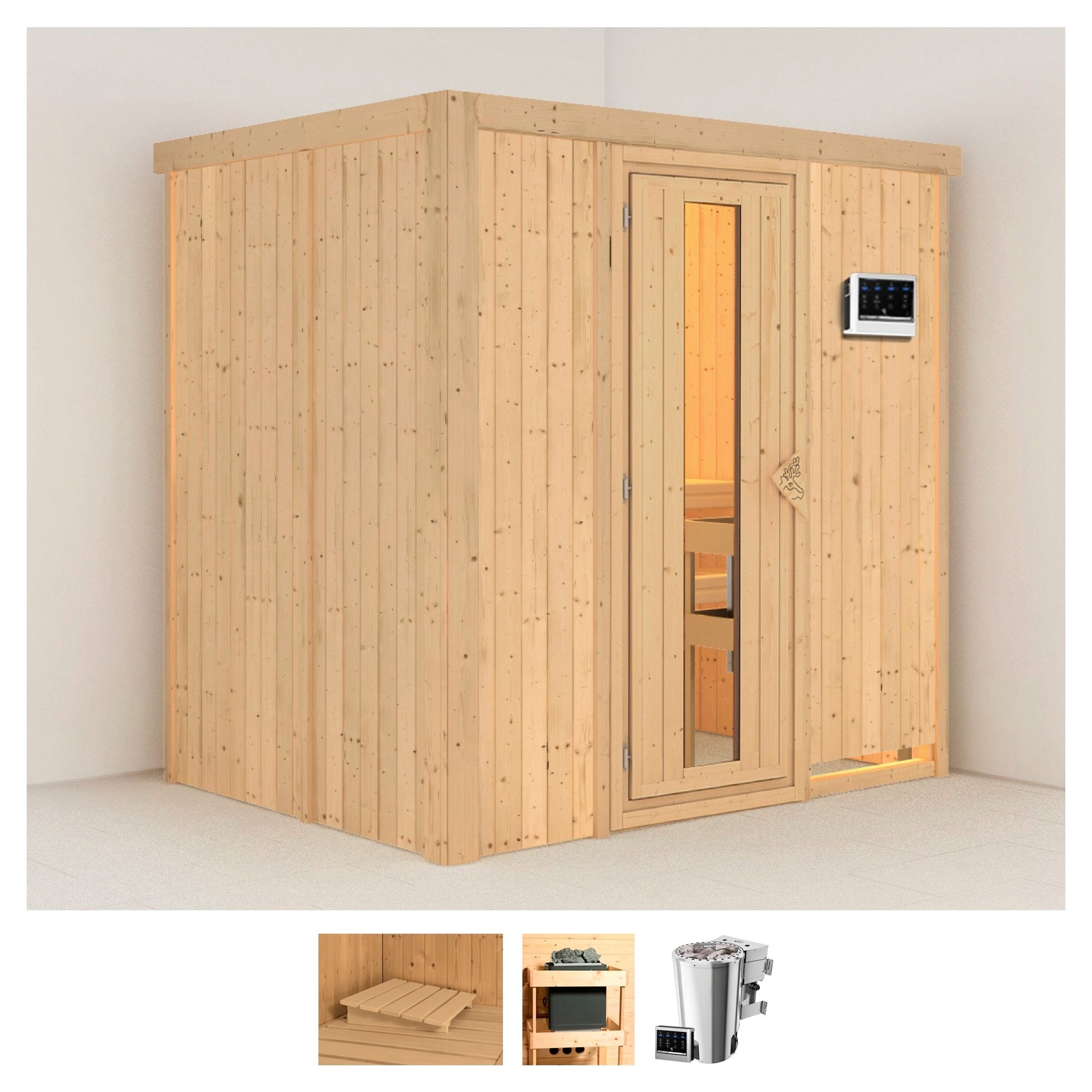 Sauna KARIBU "Finja", beige (naturbelassen), Bio-Kombiofen, externe Steuerung, 3,6 kW, Saunen, Ofen 3,6 kW Bio-Ofen externe Strg. easy