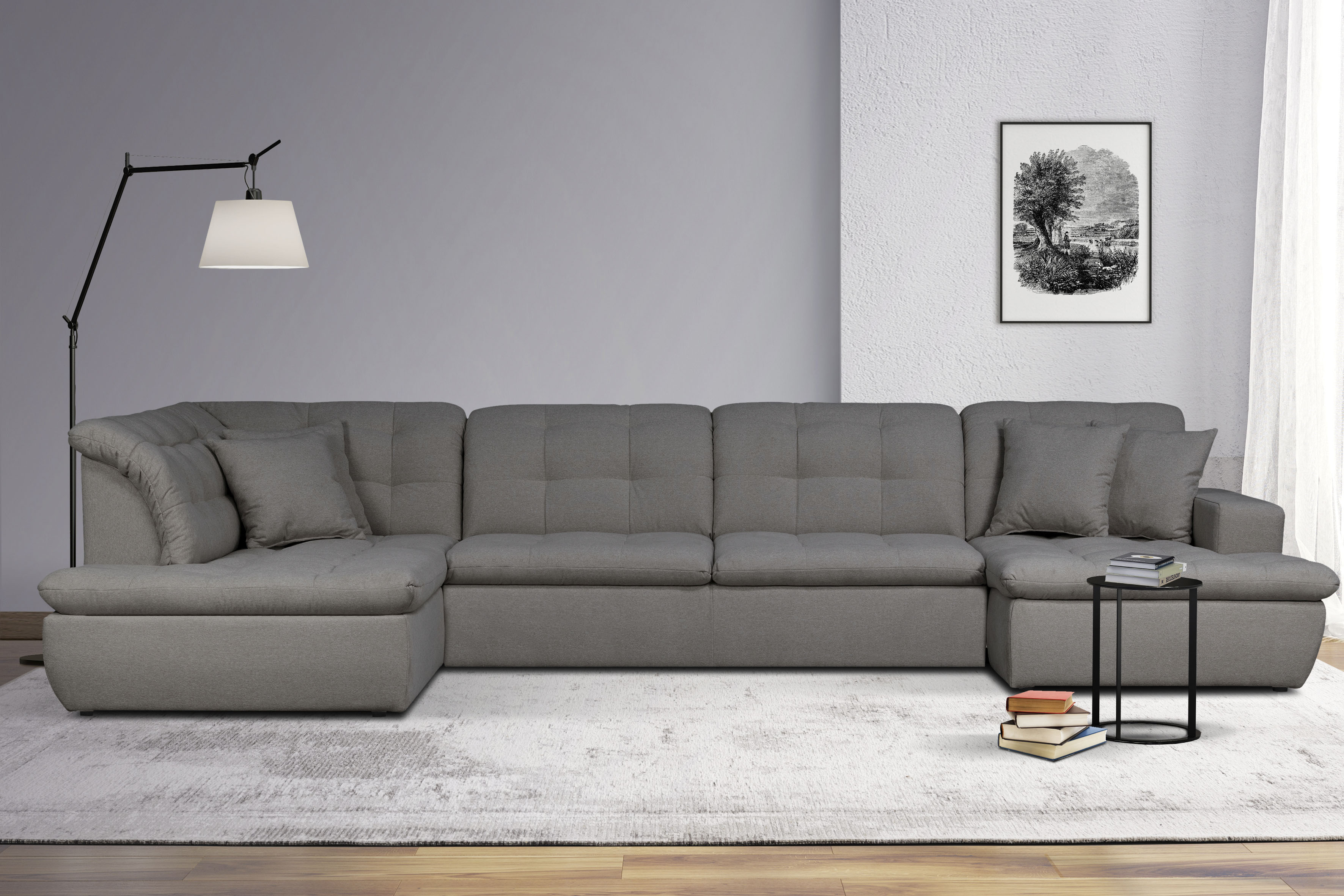 Wohnlandschaft HOME AFFAIRE "BRISBANE NEU U-Form", grau, B:380cm H:83cm T:202cm, 88% Polyester, 9% Rayon, 3% Nylon, Sofas, Wohnlandschaft, mit feiner Steppung, Matten-Optik, incl. Zierkissen