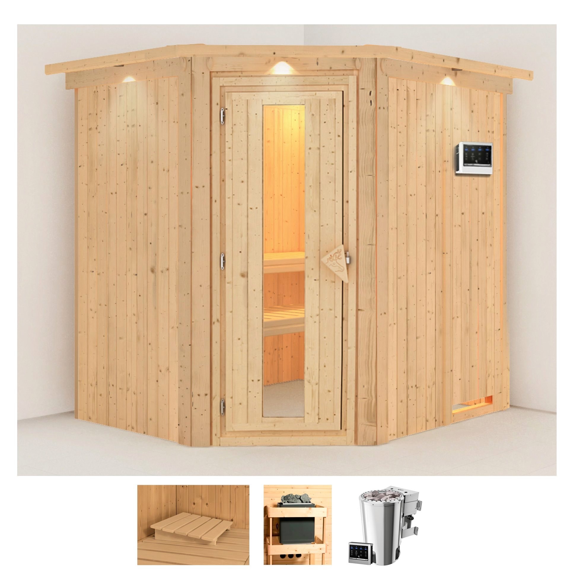 Sauna KARIBU "Laila", beige (naturbelassen), Bio-Kombiofen, externe Steuerung, 3,6 kW, Saunen, Ofen 3,6 kW Bio-Ofen externe Strg. easy