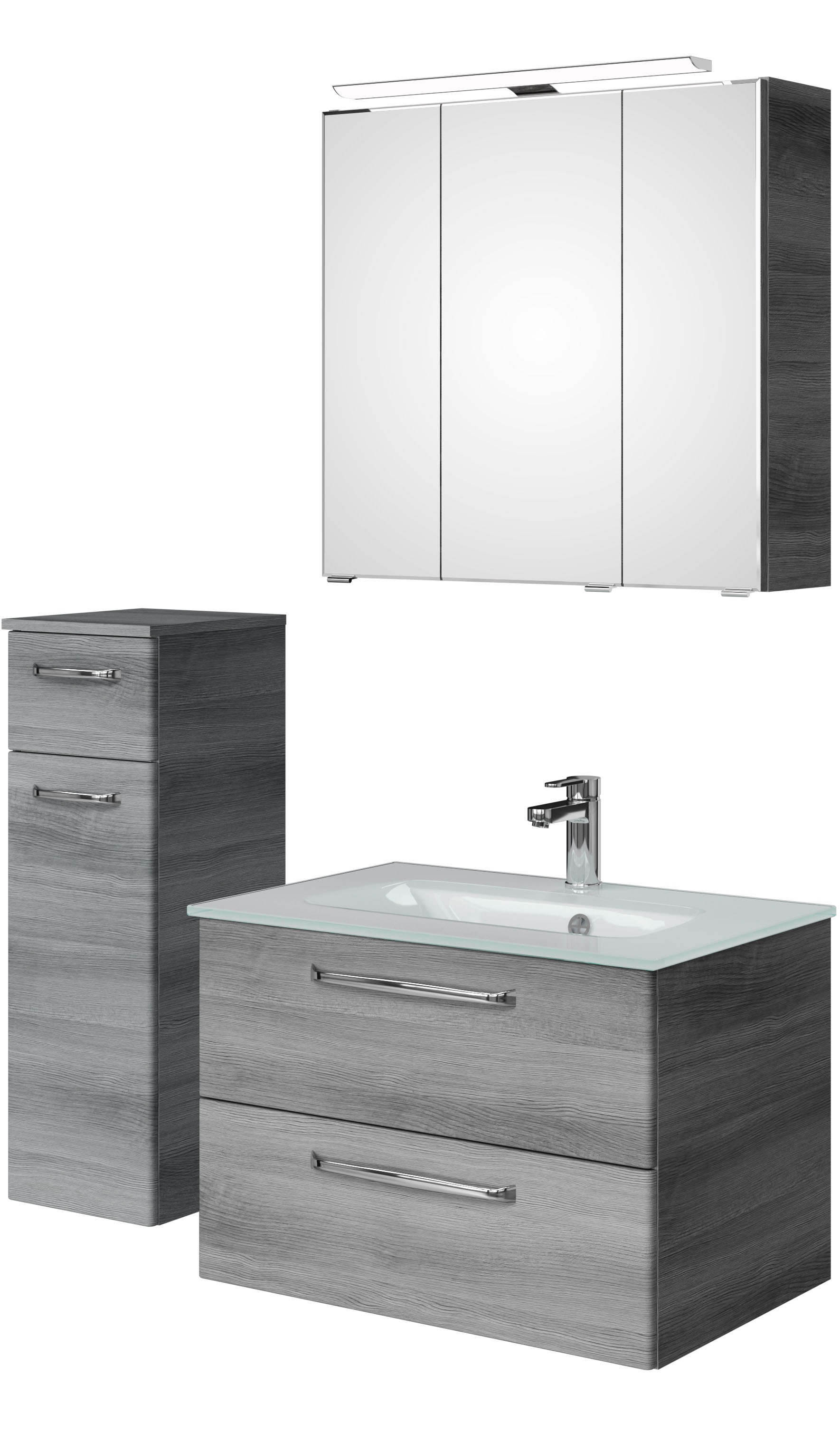 Badmöbel-Set SAPHIR "Badmöbel-Set Trentino 3-teilig Glas-Waschtisch mit LED-Spiegelschrank", grau (graphit struktur quer nb), Kastenmöbel-Sets, Badmöbel-Set, Badezimmer-Set mit Unterschrank inkl. Türdämpfer