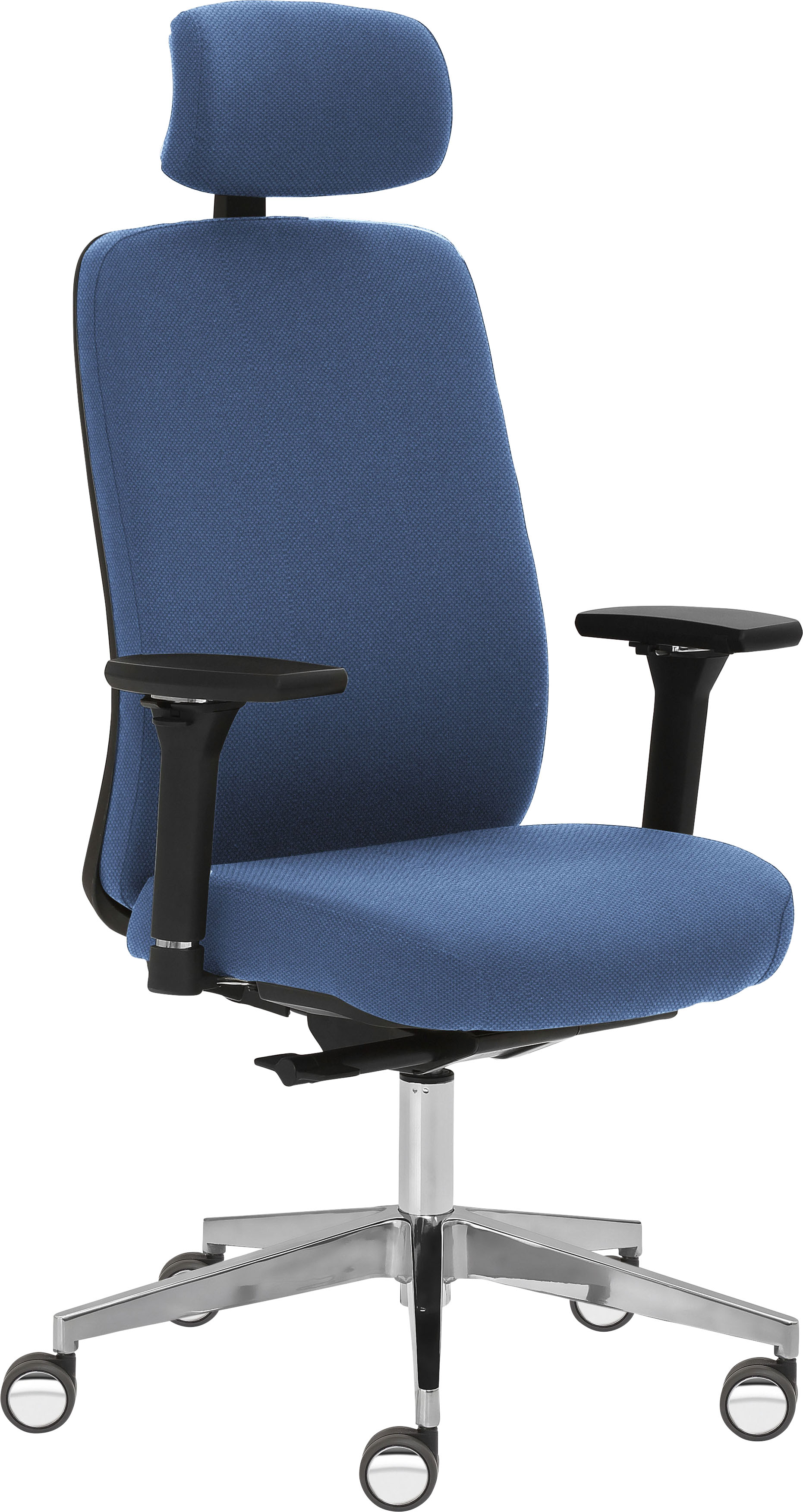 Drehstuhl MAYER SITZMÖBEL "2229", blau (blau, aluminium poliert), B:70cm H:123cm T:63cm, Stühle, Bürodrehstuhl, 4D Armlehnen, Kopfstütze, Sitztiefenverstellung, Hartbodenrollen