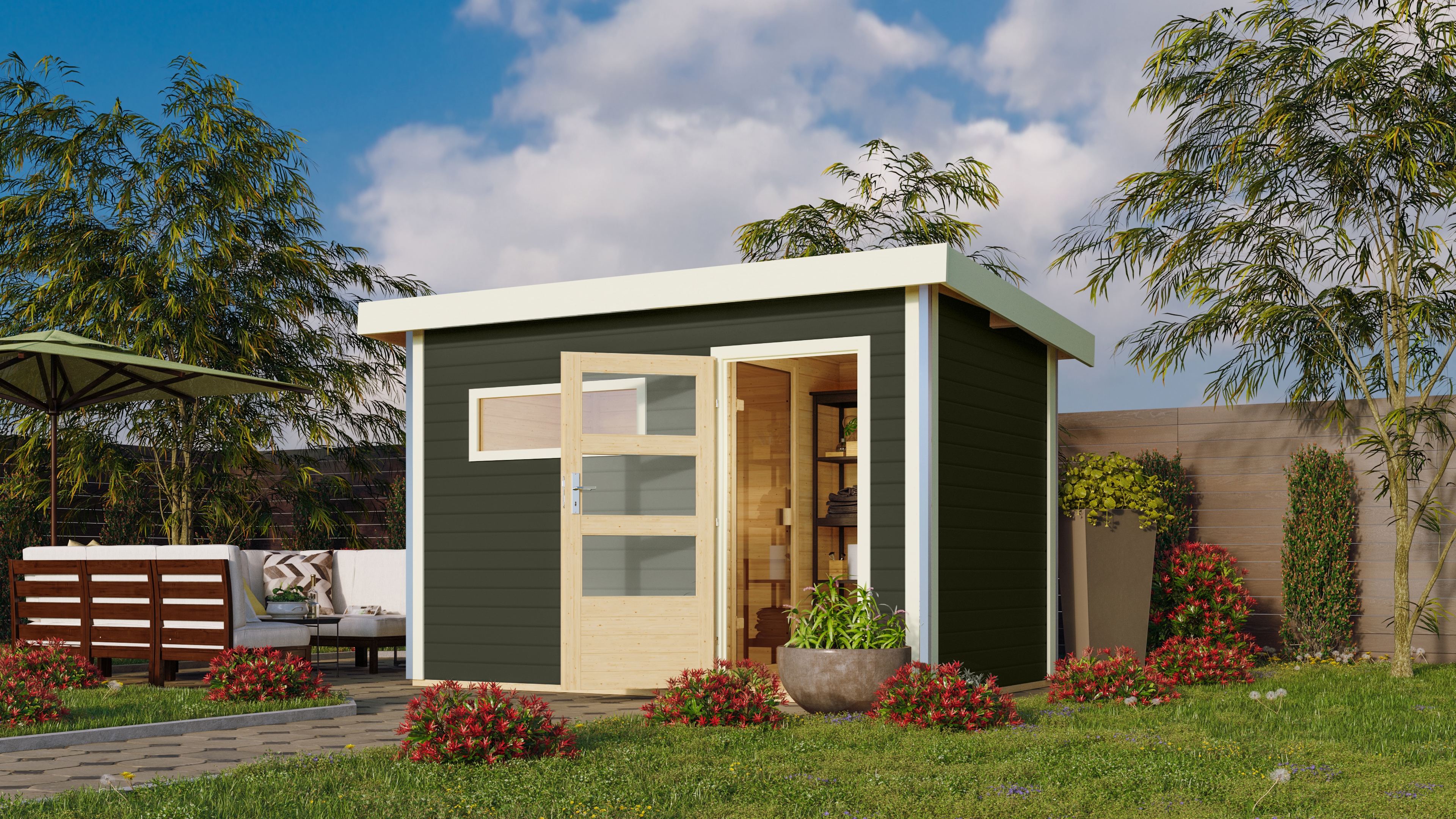 Saunahaus KARIBU "»Simon 1« mit moderner Tür, terragrau mit Fenster", grau (terragrau), Bio-Kombiofen, externe Steuerung, (ohne Ofen), Saunen Image