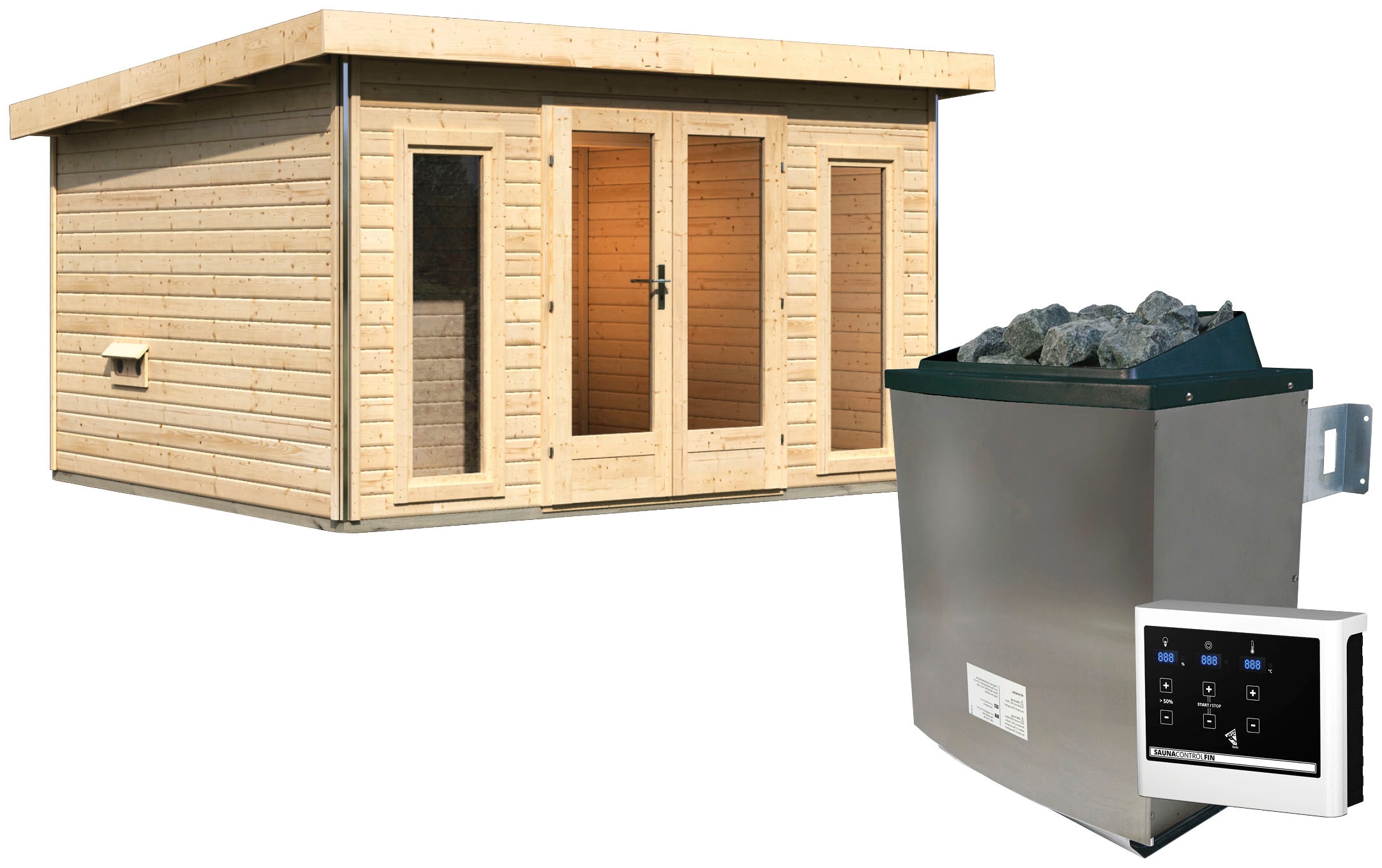 Saunahaus KARIBU "Maiko 2B", beige (naturbelassen), Saunaofen, externe Steuerung, 9 kW, Saunen, Ofen 9 kW ext. Strg. Image