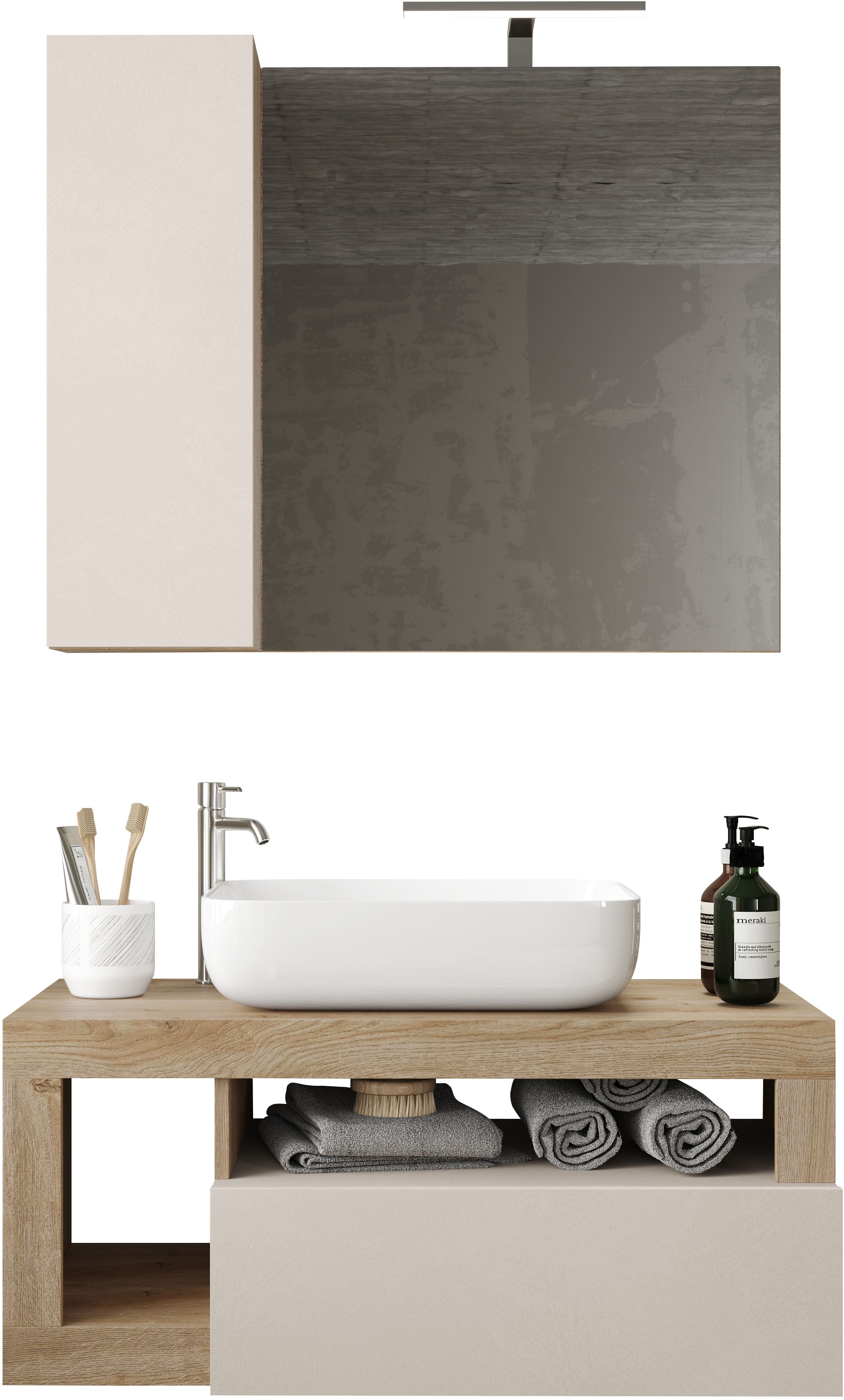 Badmöbel-Set WELLTIME "Hamburg, Badezimmerset 2tlg. Breite 92 cm, Badmöbel, Waschtisch inkl.", weiß (cashmere, eiche cadiz nb), B:92cm H:190cm T:49cm, Holzwerkstoff, Kastenmöbel-Sets, Badmöbel-Set, Waschbecken, Spiegelschrank mit LED Aufbauleuchte,...